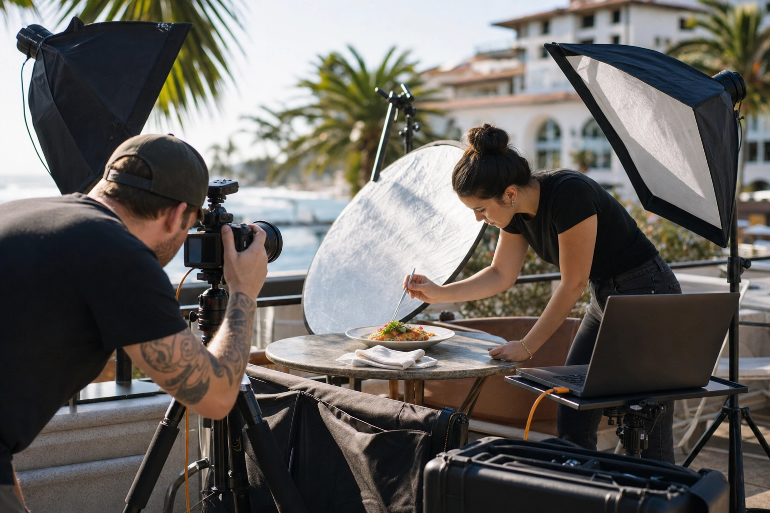 Professional food photographer and stylist shooting a dish on a sunny San Diego patio with reflector and tripod
