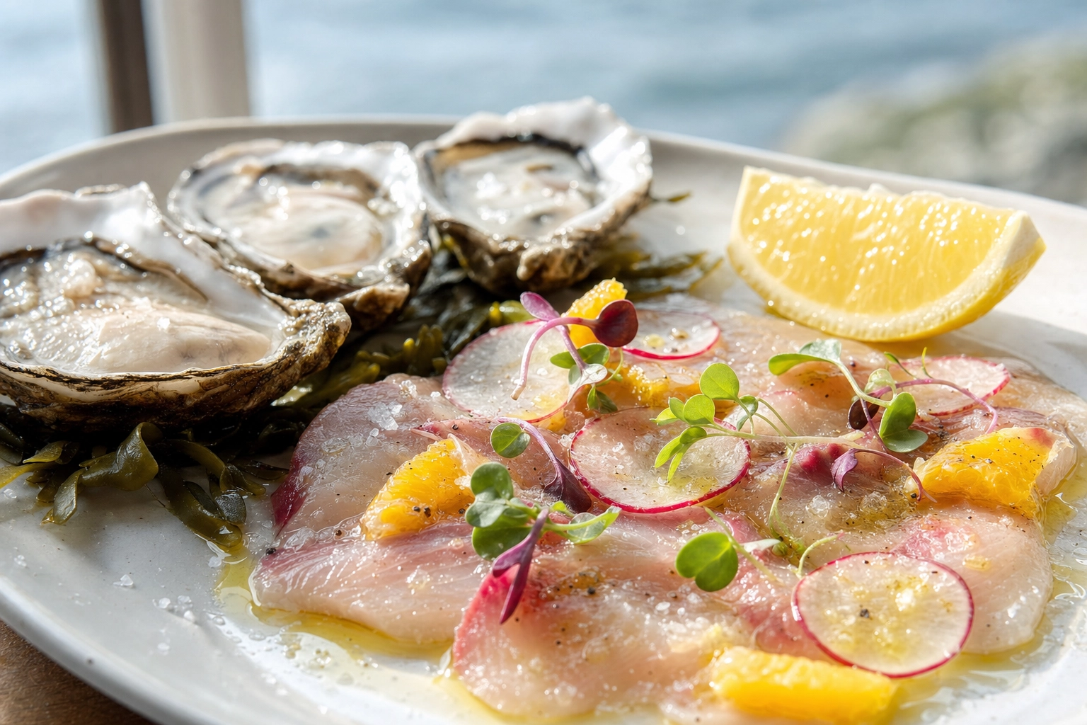 Fresh San Diego seafood close-up: shucked oysters and yellowtail crudo with citrus in cool coastal light