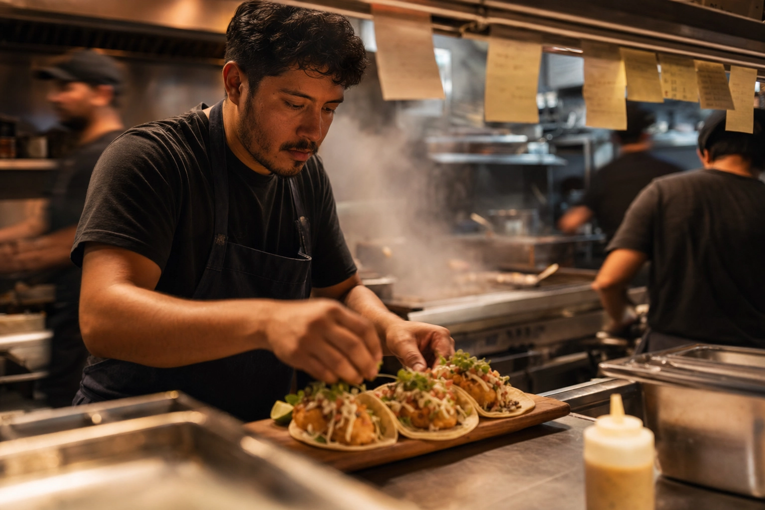 Line cook plating Baja fish tacos during peak service in a busy San Diego restaurant kitchen