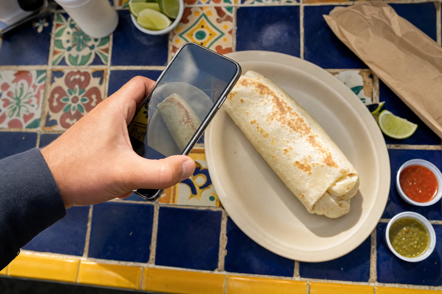 Hand using a smartphone to photograph a California burrito on a tiled taco shop counter in bright daylight
