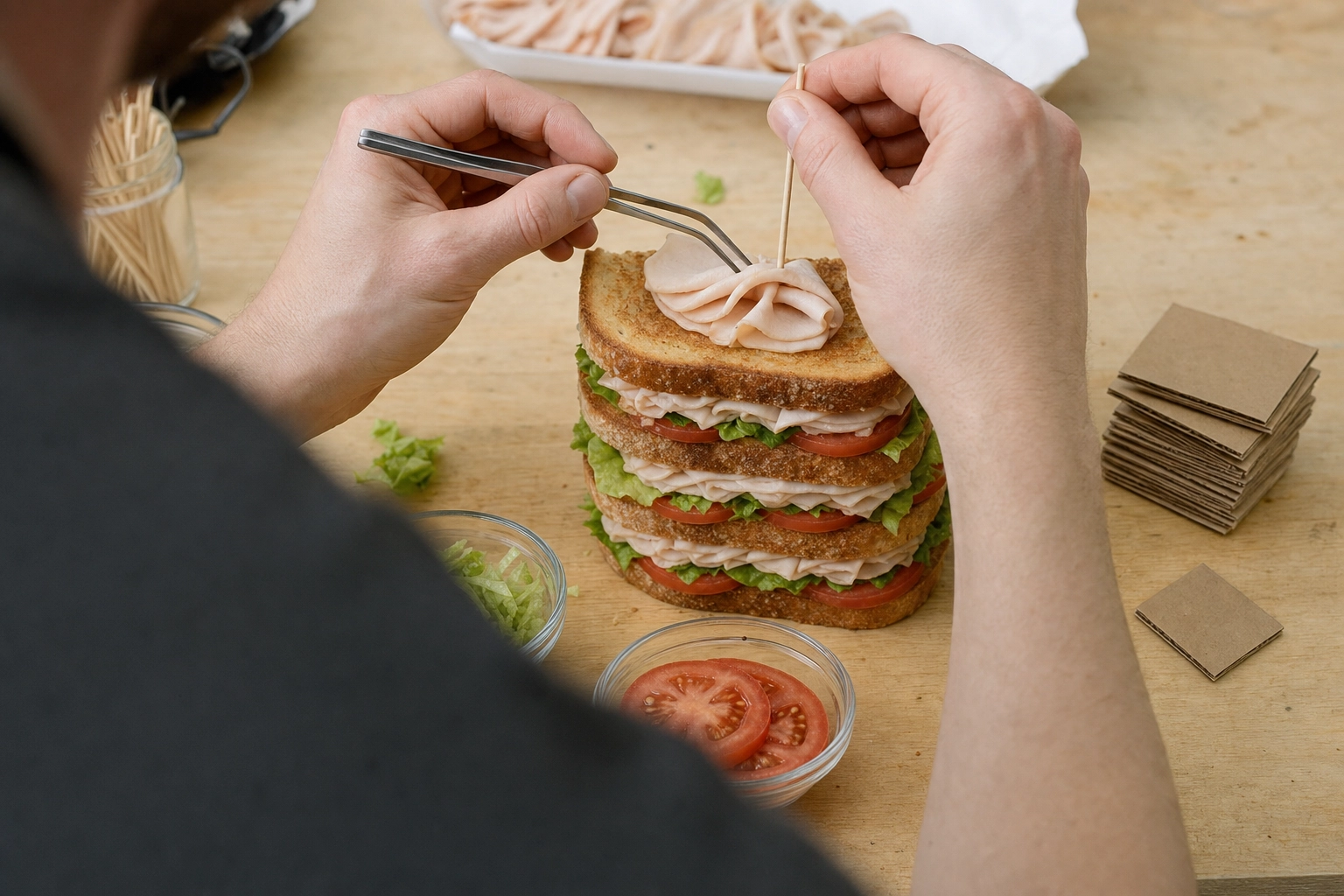 Food stylist's hands using tweezers and a toothpick to build and pin a tall club sandwich for a photo