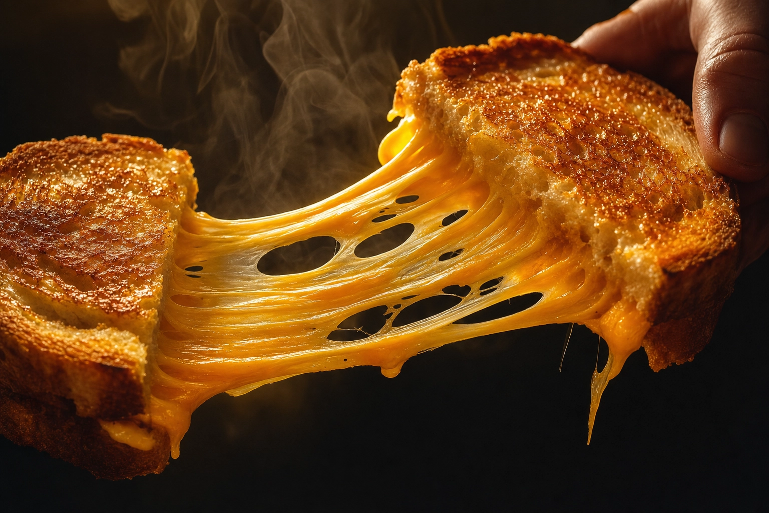 Two halves of a golden grilled cheese sandwich pulled apart with a long molten cheese stretch