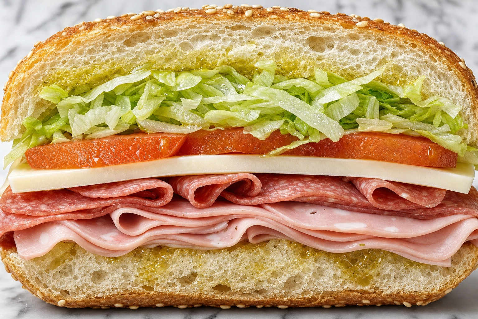 Close-up cross-section of a cut Italian sub showing distinct layers of meat, cheese and vegetables