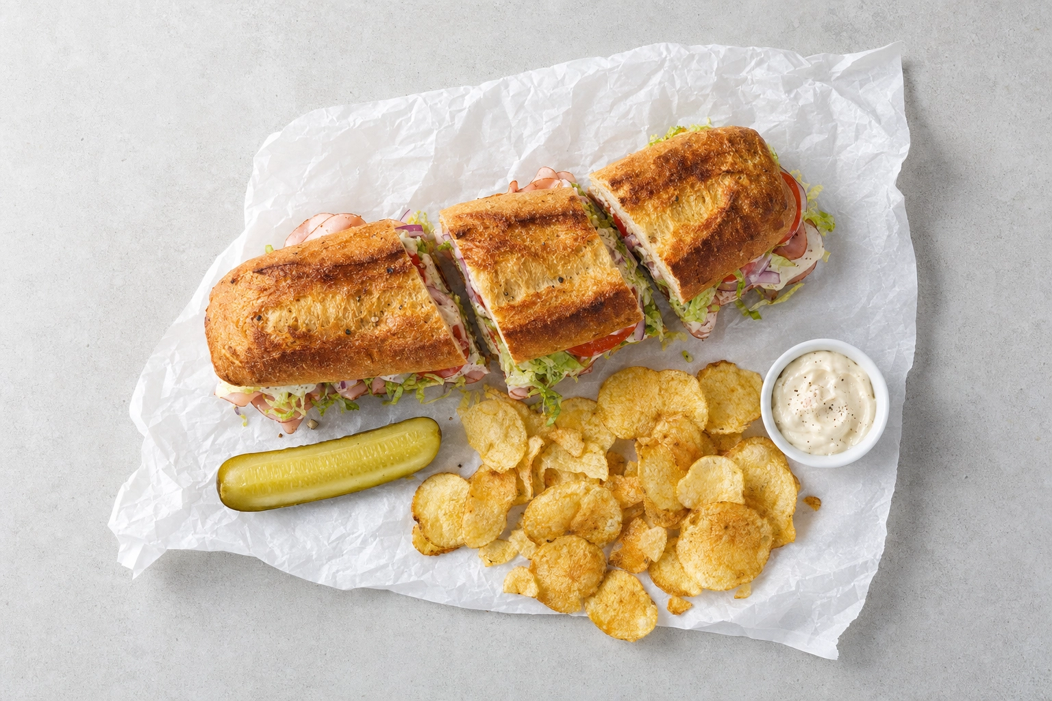Overhead flat-lay of a whole toasted sub on butcher paper with a pickle, kettle chips and dip