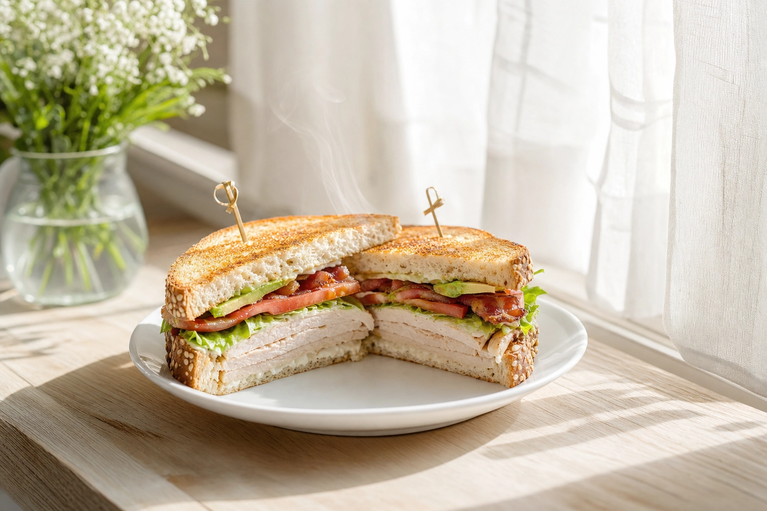 Halved club sandwich lit by soft window backlight showing glowing toasted crust and steam