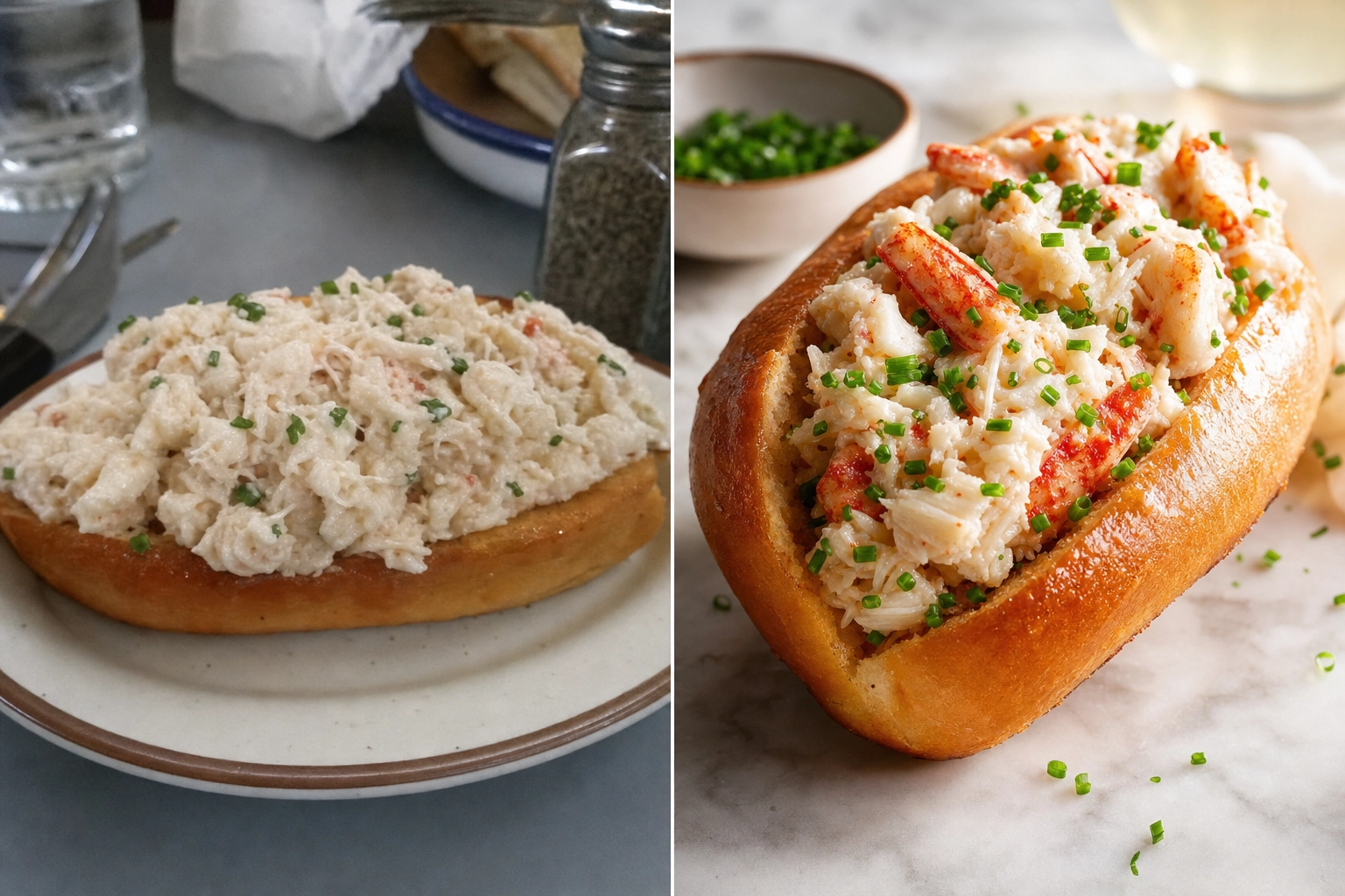 Before and after of a Dungeness crab roll — dull phone snapshot beside a bright studio-quality food photo