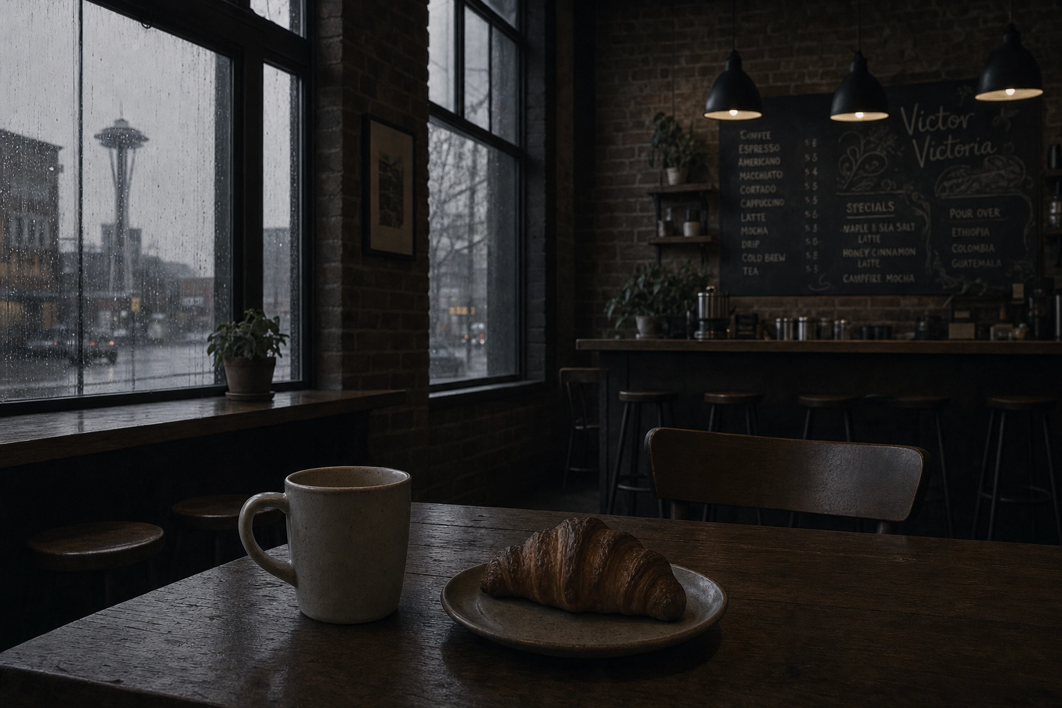 Dimly lit Seattle coffee shop on a gray overcast day showing the low-light challenge for food photos