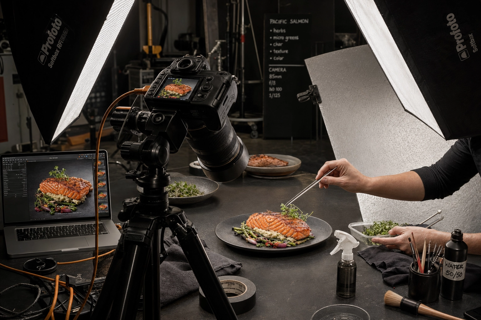 Professional food photography studio with softbox lighting, tripod camera, and a stylist plating salmon