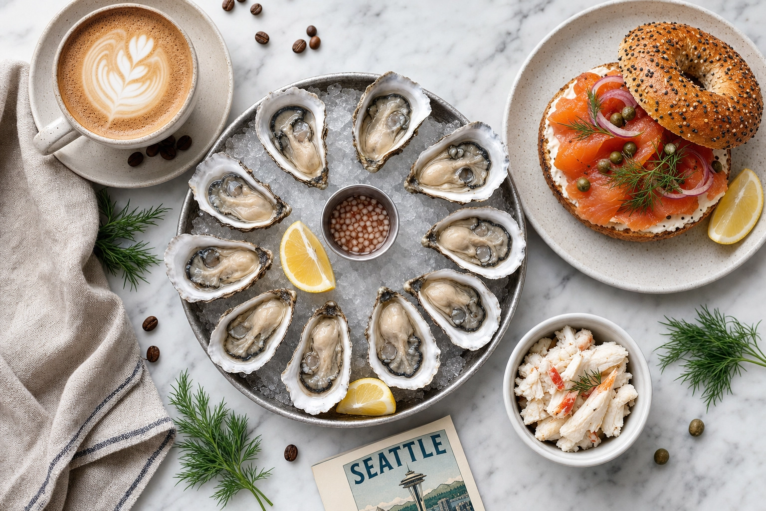 Overhead flat-lay of Seattle staples — cortado coffee, fresh oysters, smoked salmon bagel, and Dungeness crab