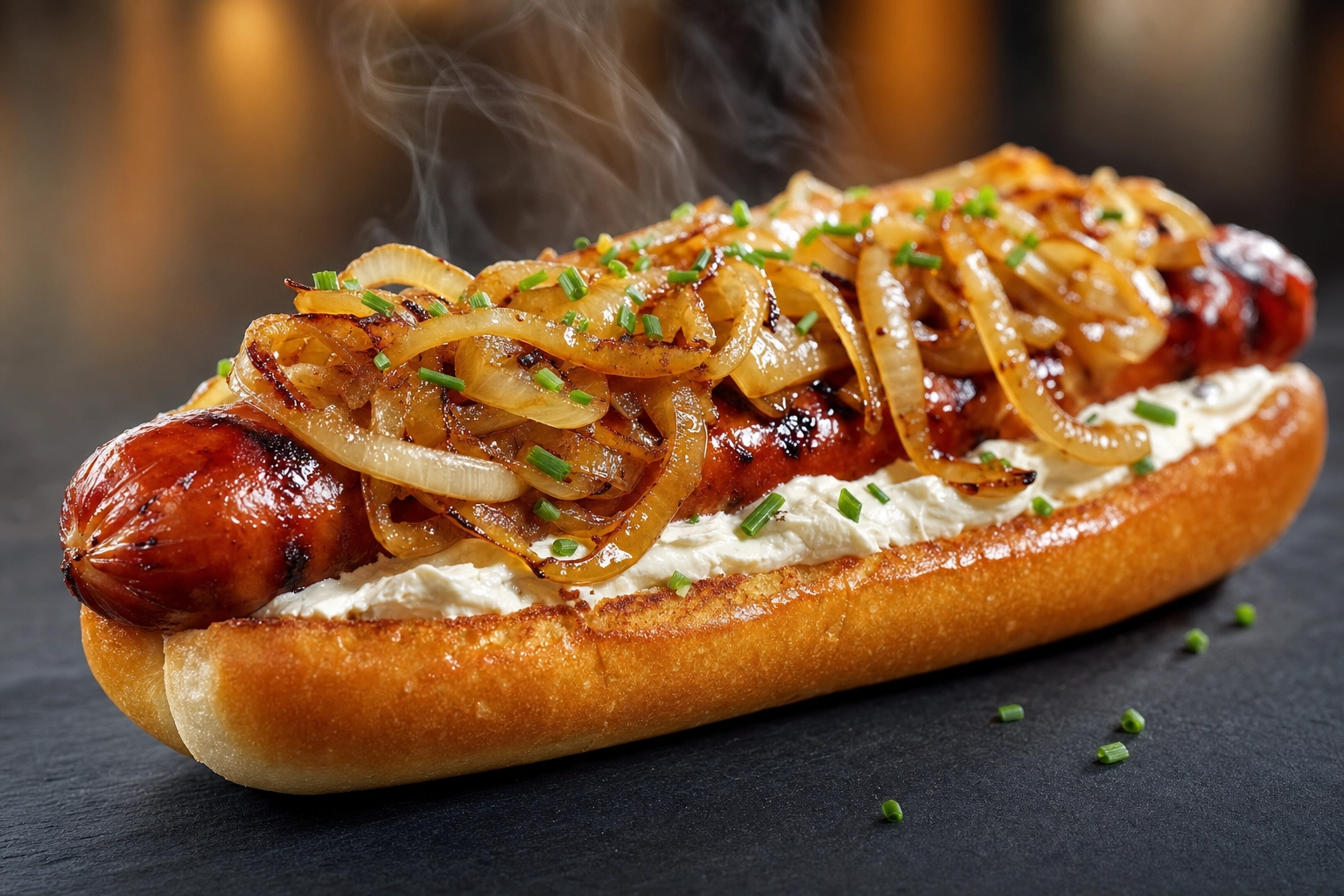Close-up of a Seattle-style hot dog with cream cheese and grilled onions, professionally lit for a menu