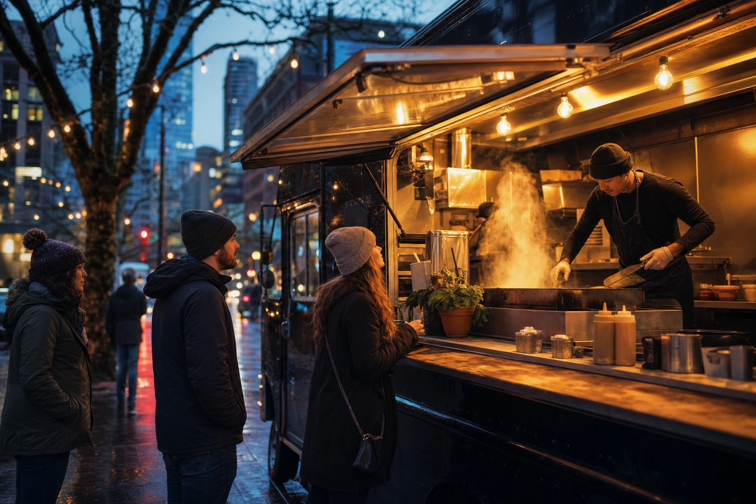 Popular Seattle food truck glowing at golden hour with customers waiting on a rain-damp sidewalk