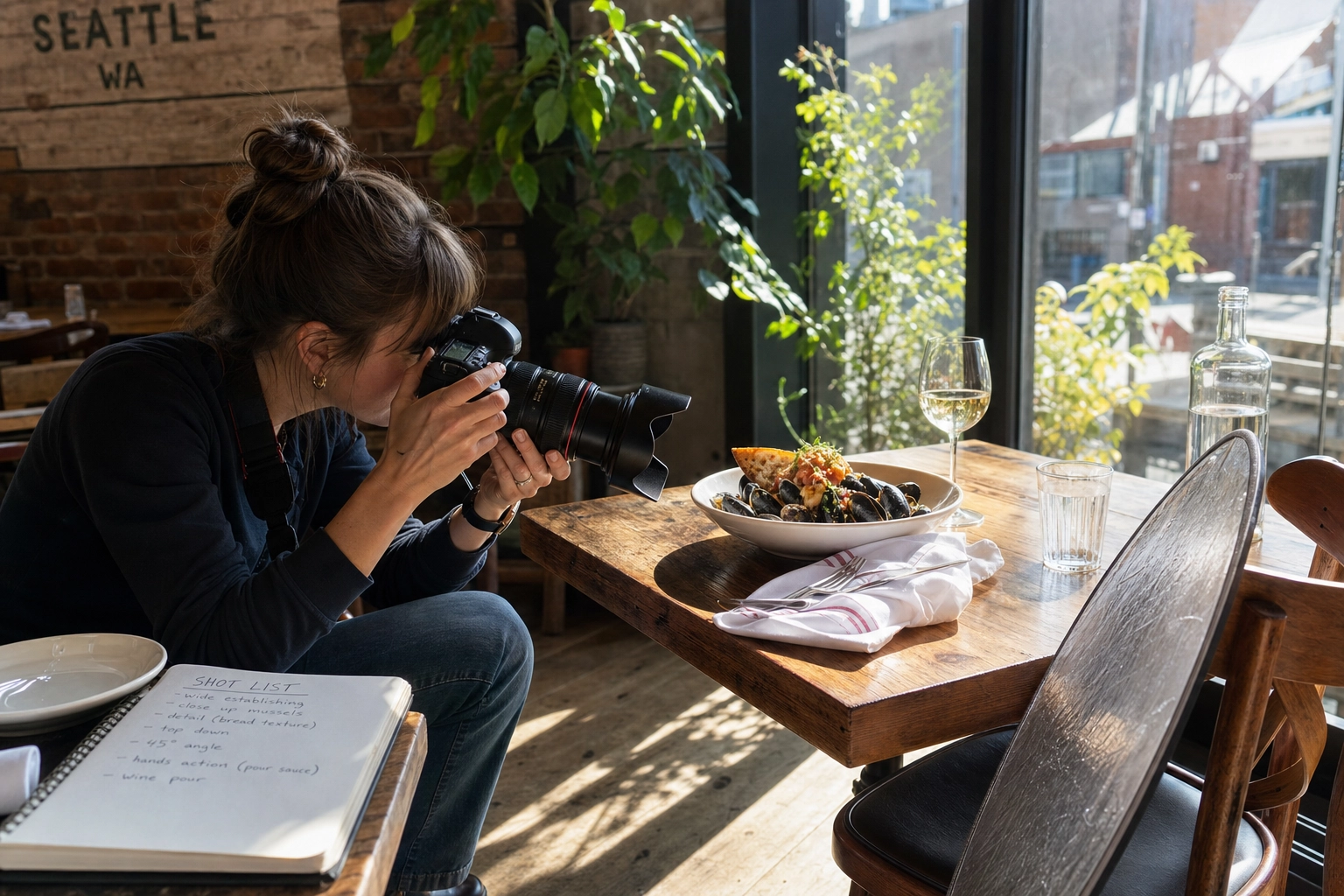 Seattle food photographer shooting a plated seafood dish on location in a sunlit restaurant