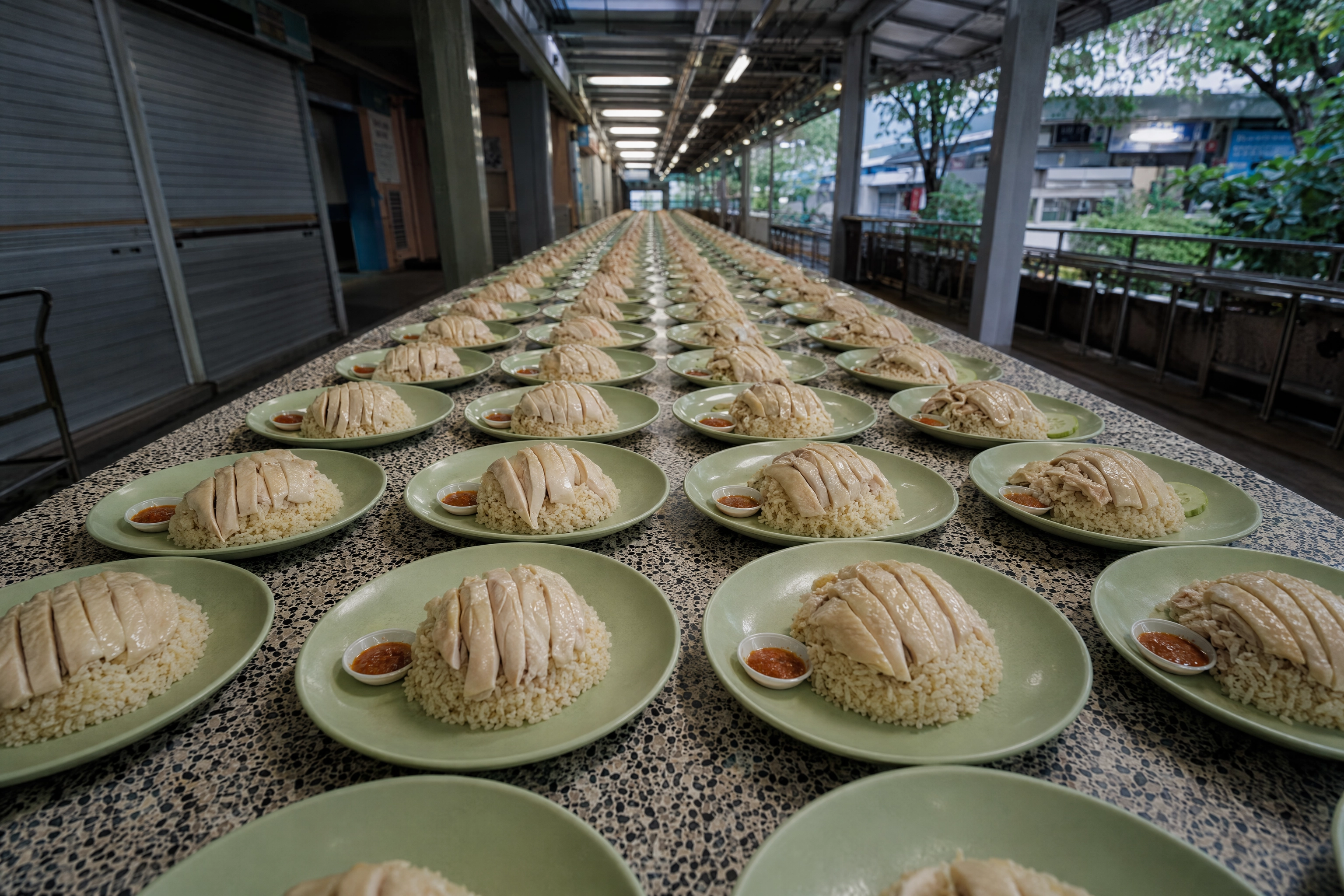 Dozens of identical chicken rice plates receding down a hawker table, the volume a stall must sell to pay for one photo shoot
