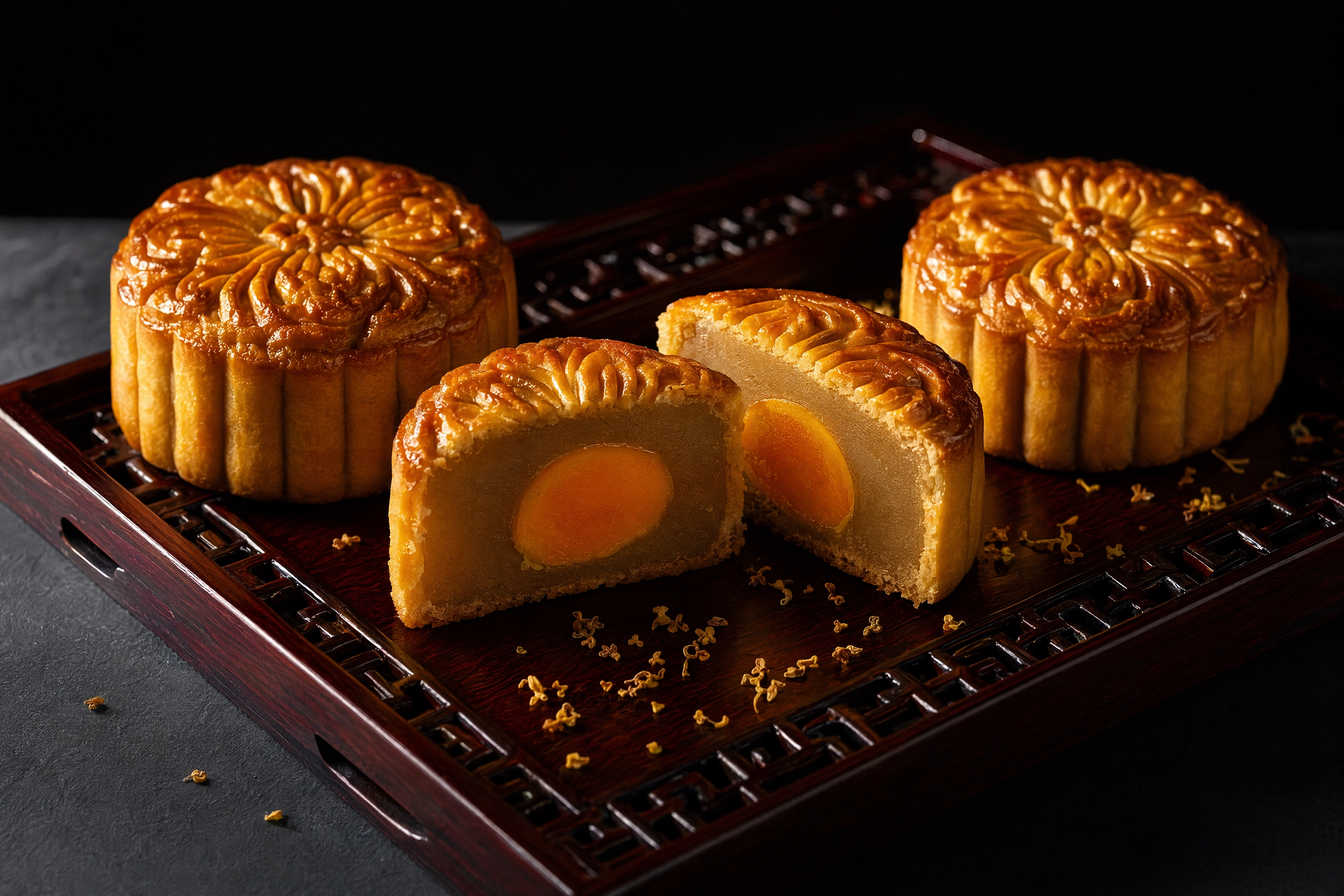 Halved mooncake with salted egg yolk lit low-key, the seasonal menu item Singapore operators must reshoot every festival