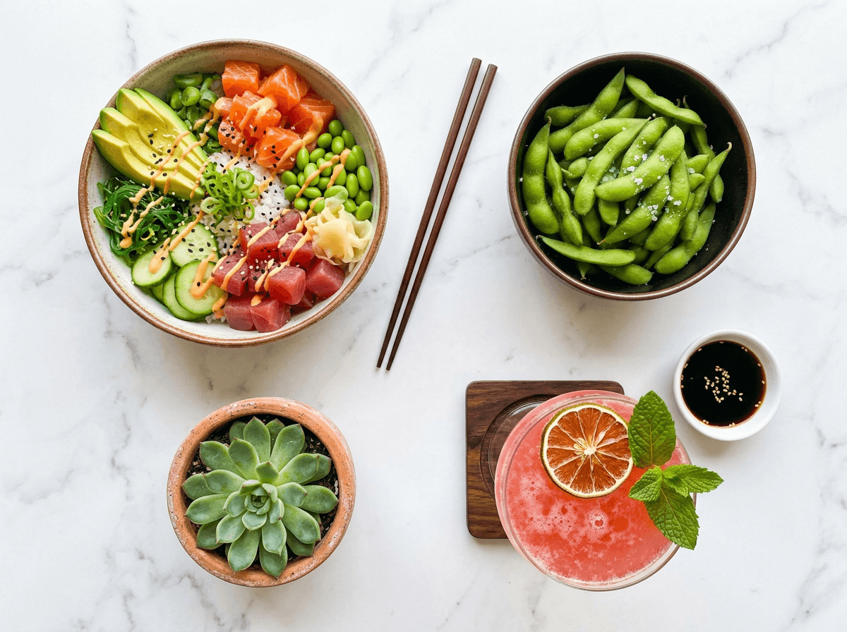 Overhead flat-lay of restaurant meal spread styled for carousel ad format on social media platforms