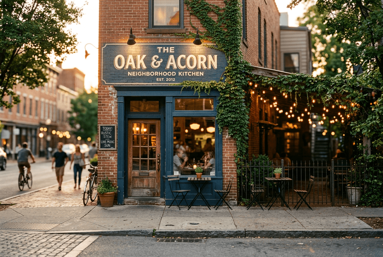 Small neighborhood restaurant exterior at golden hour representing local businesses investing in social media ads