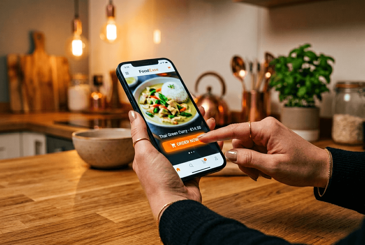 Customer tapping order button on smartphone after seeing restaurant social media ad showing the conversion moment