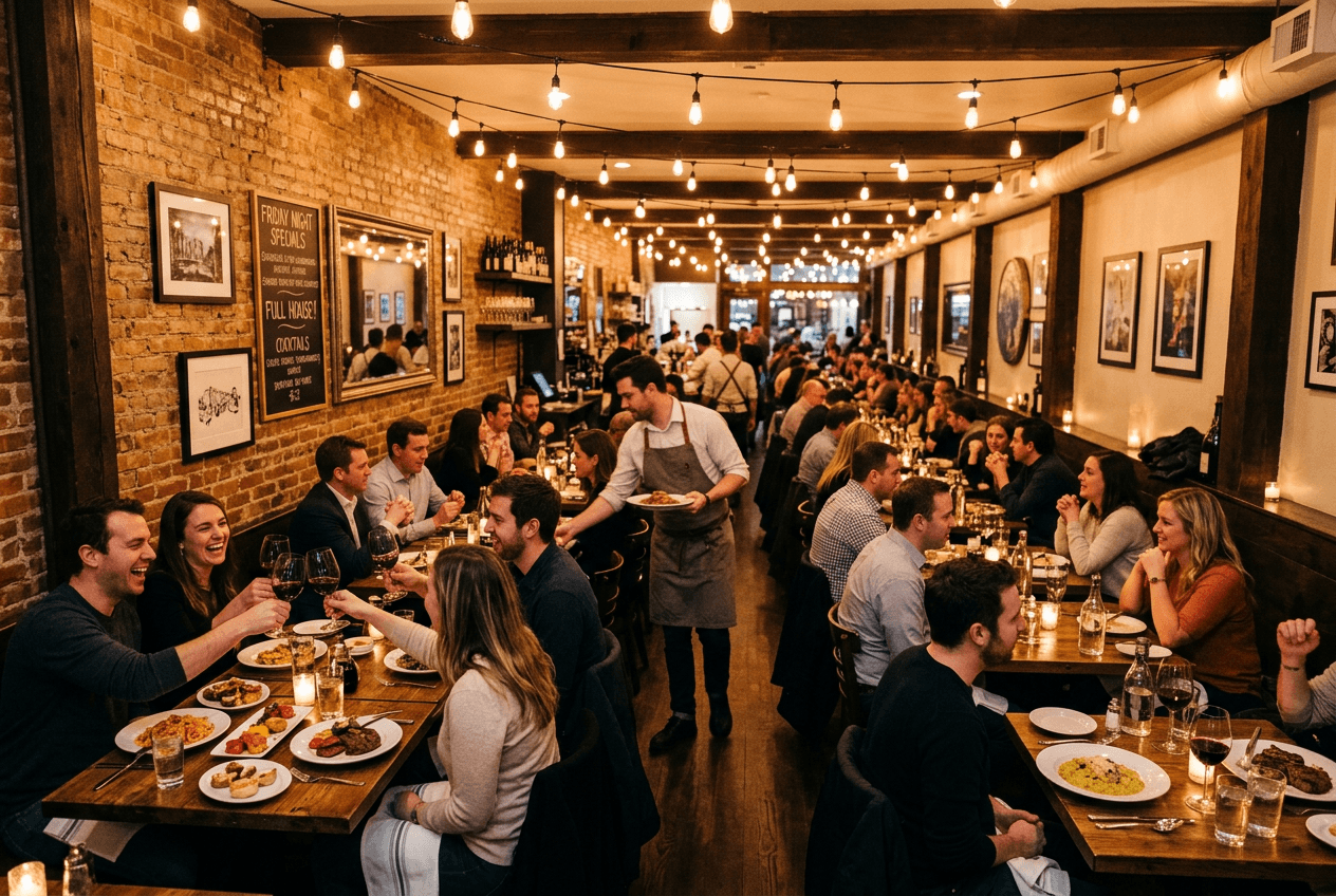 Packed restaurant dining room showing full tables and diners as a result of effective social media advertising campaigns
