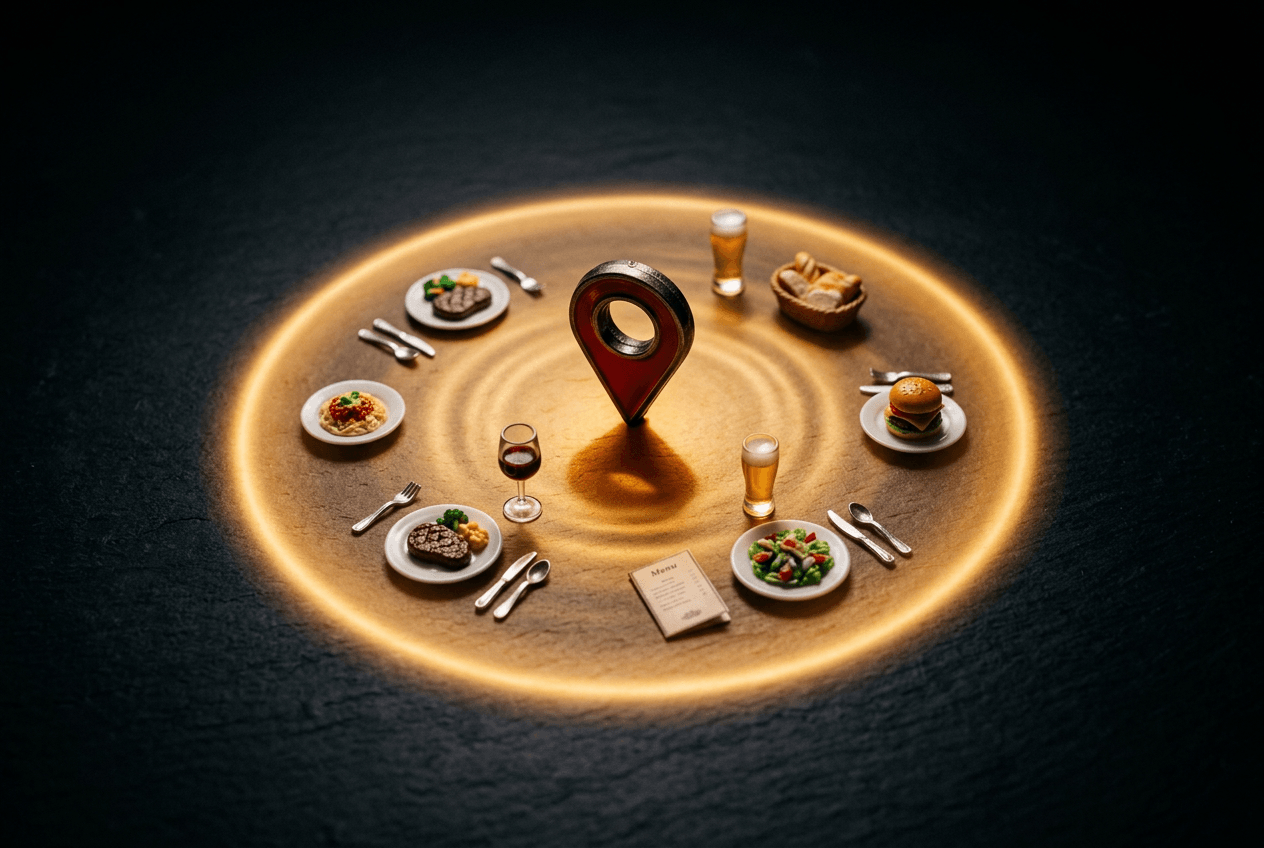 Conceptual geo-targeting visualization showing restaurant location with radius reach for local social media advertising