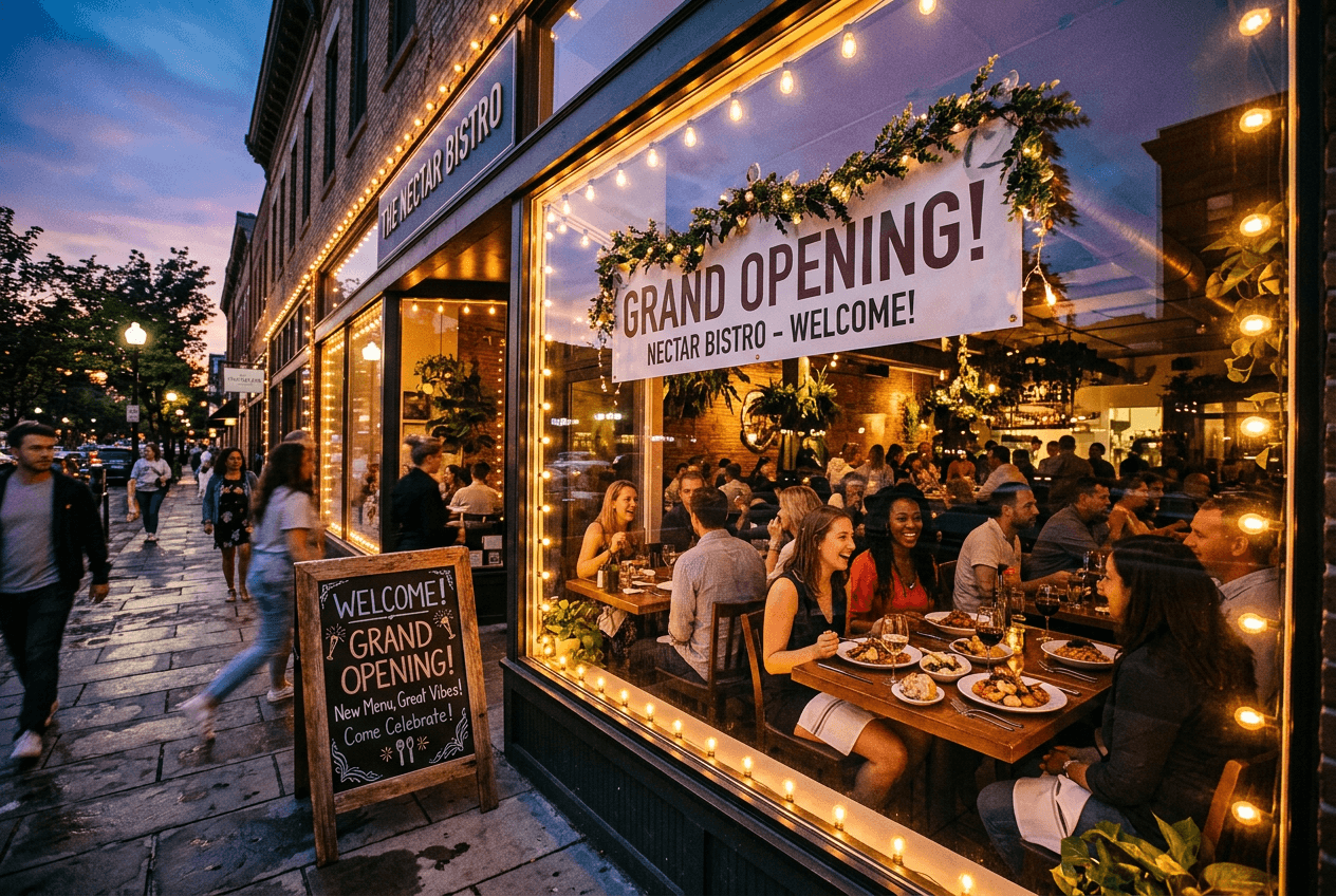 Restaurant grand opening event with diners visible through window representing successful social media advertising launch campaign