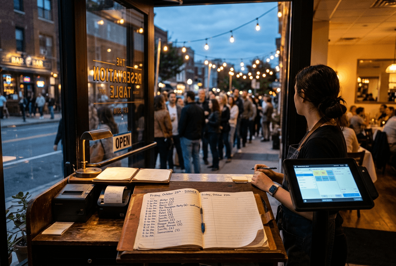 Full restaurant reservation book and line of customers waiting outside showing the impact of social media advertising