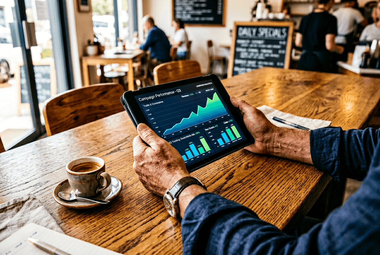 Restaurant owner reviewing social media advertising ROI metrics and campaign analytics on tablet at cafe counter