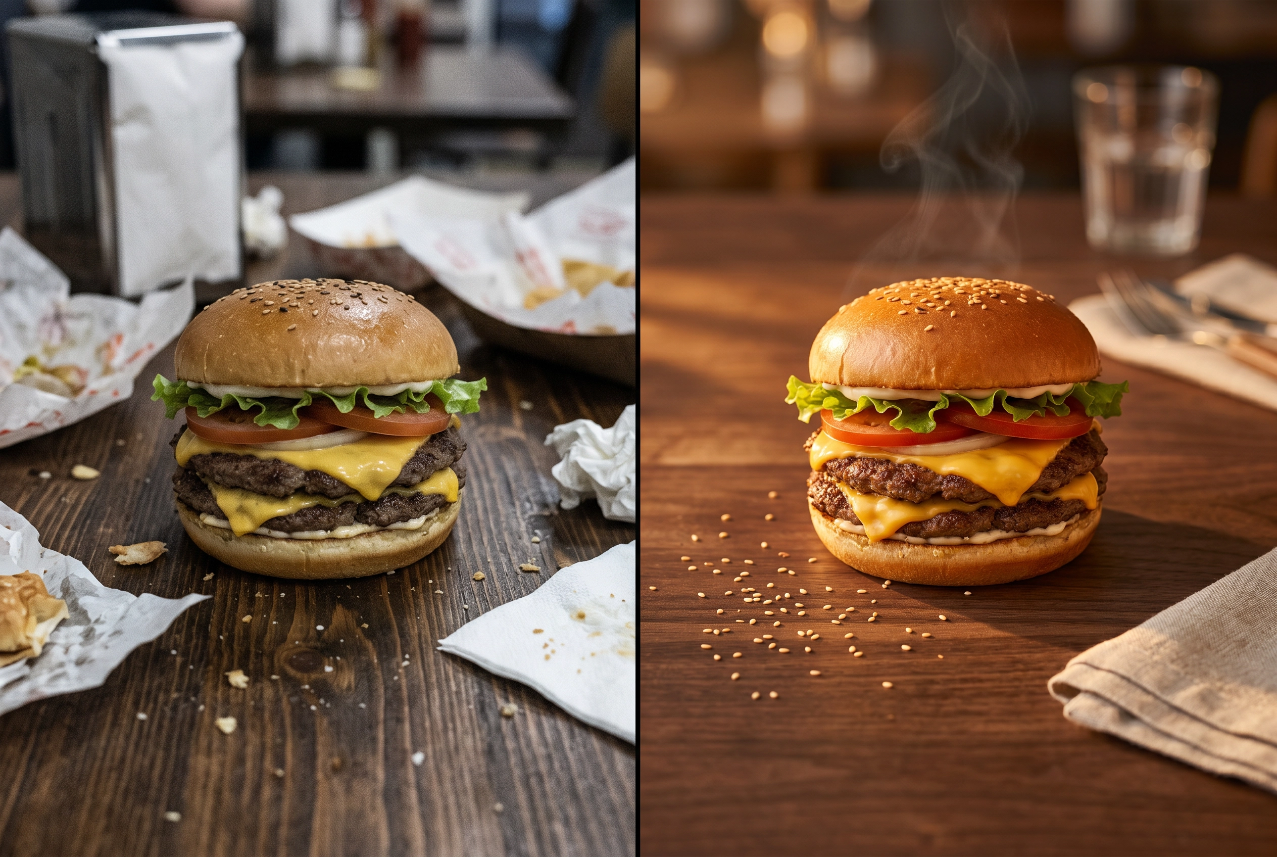 Before and after comparison of food truck burger photo — phone snapshot versus AI-enhanced professional quality