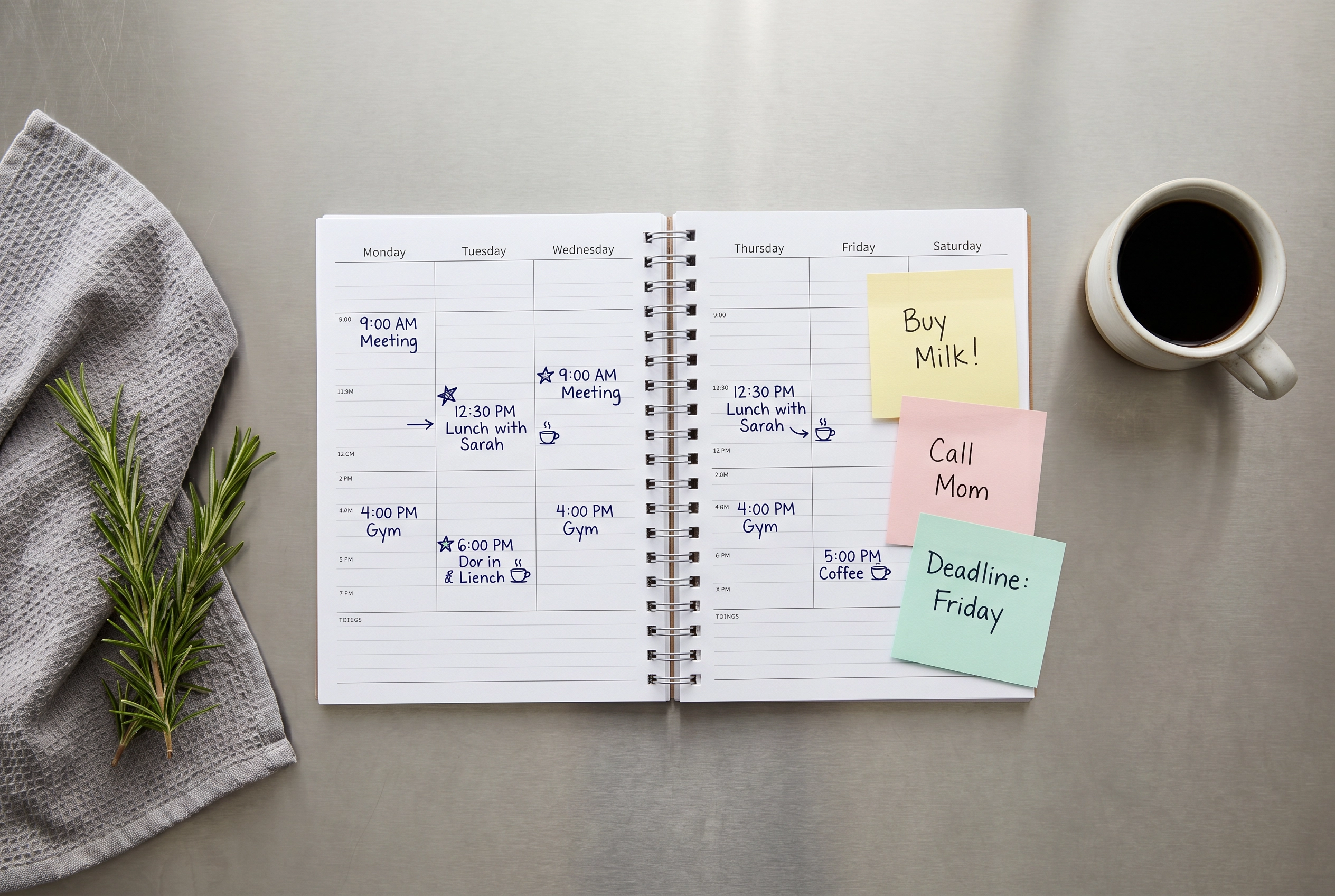 Weekly content planner with handwritten schedule and colorful sticky notes on a metal food truck counter
