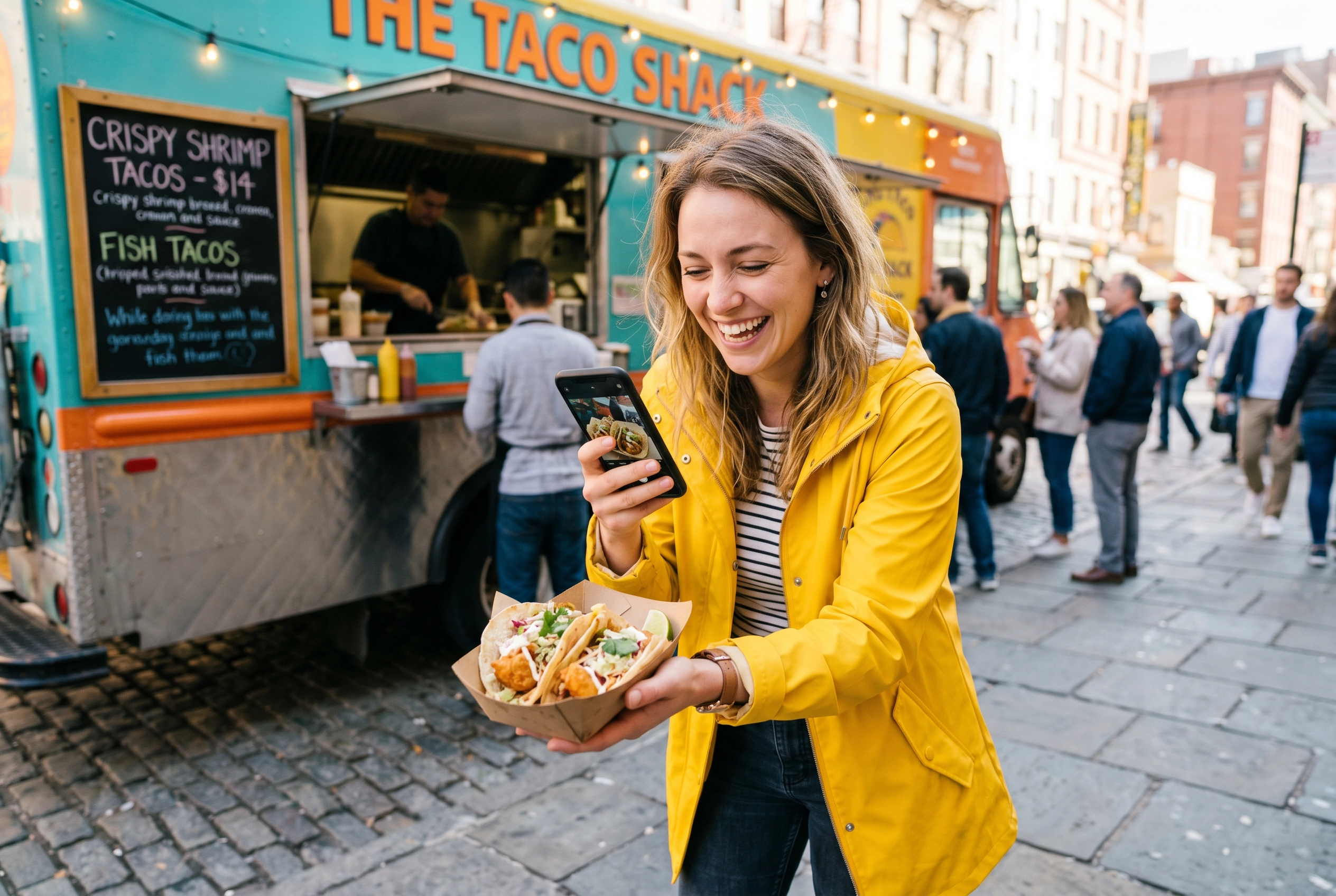 Customer photographing her food truck tacos on sidewalk — user-generated content for food truck social media