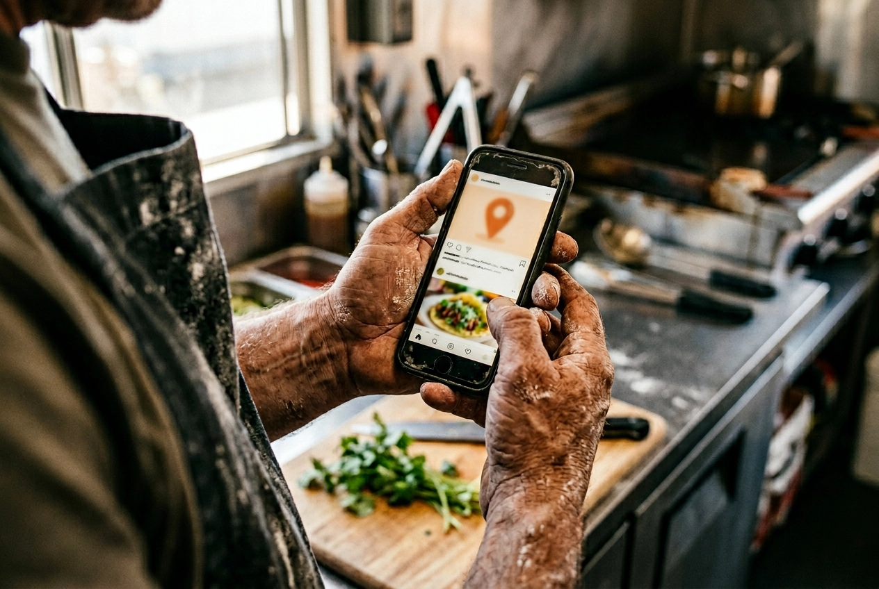 Food truck operator checking location post on phone with flour-dusted hands inside the truck