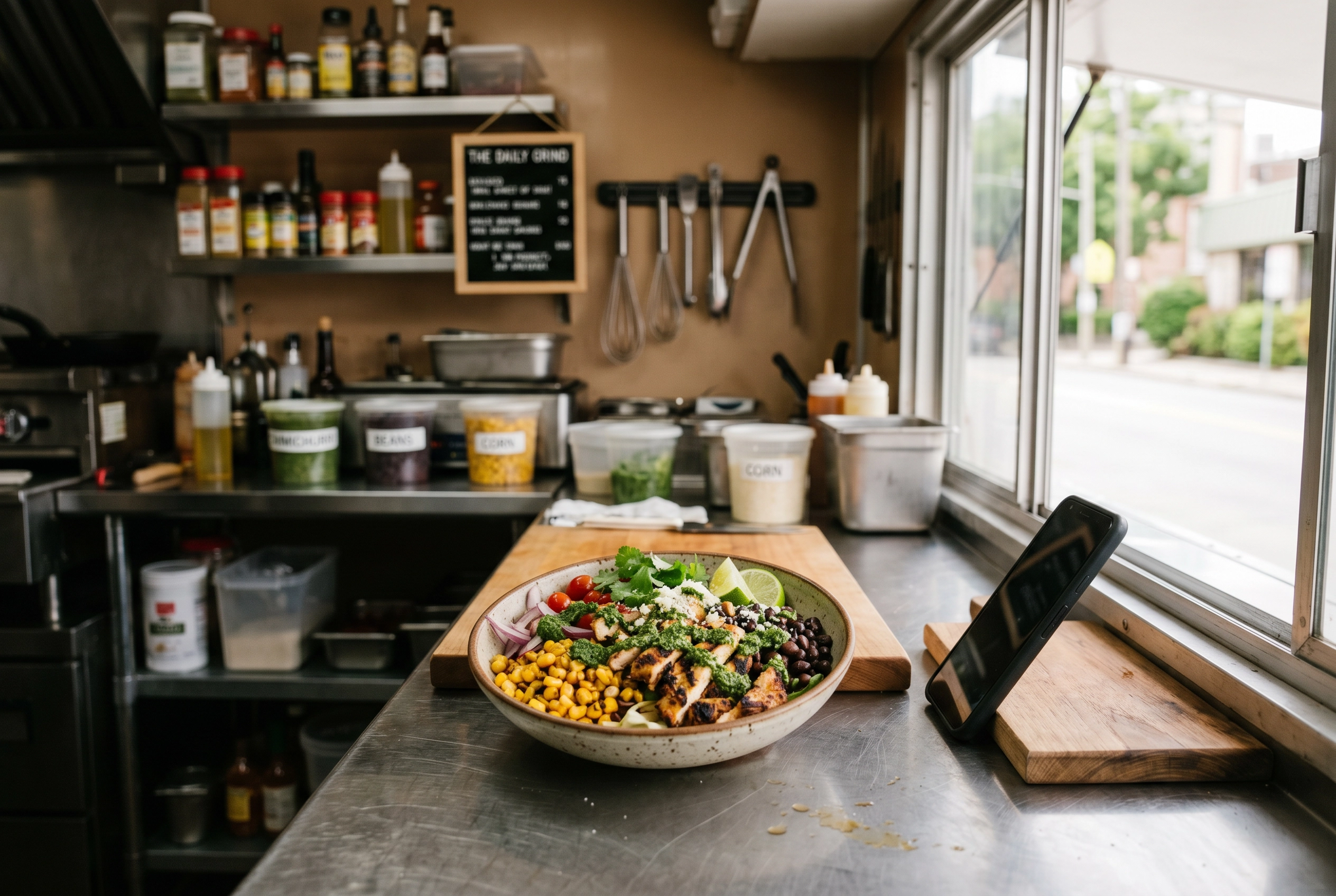 Food truck dish being photographed with natural window light — professional food photography inside a truck