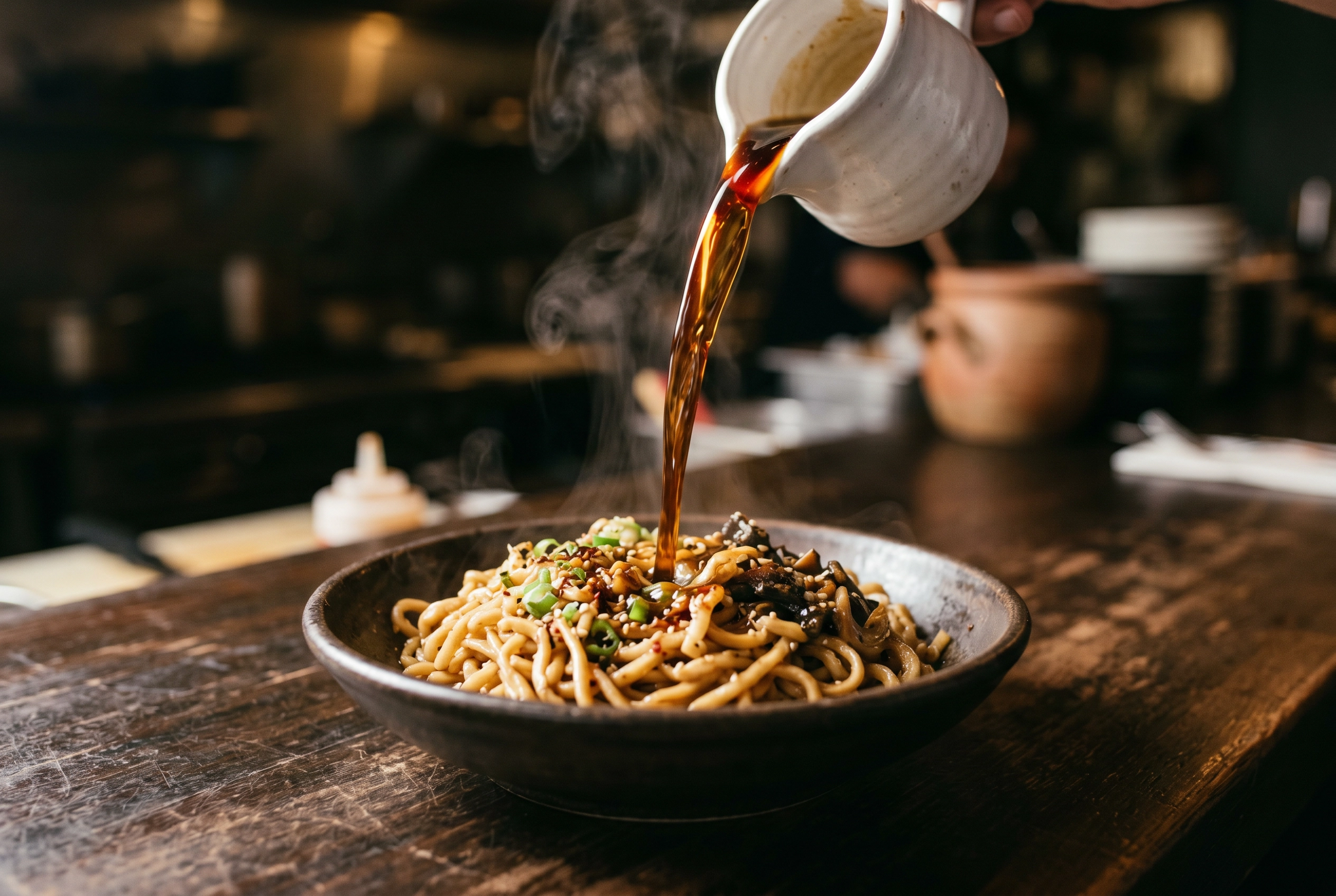 Dramatic sauce pour over noodles — the satisfying food moments that drive Reels engagement
