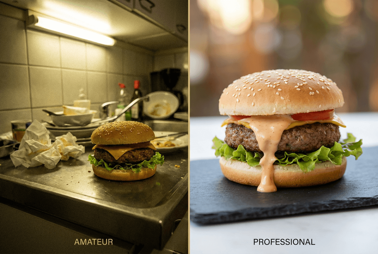 Perbandingan berdampingan yang menunjukkan kualitas foto makanan amatir versus profesional untuk media sosial restoran