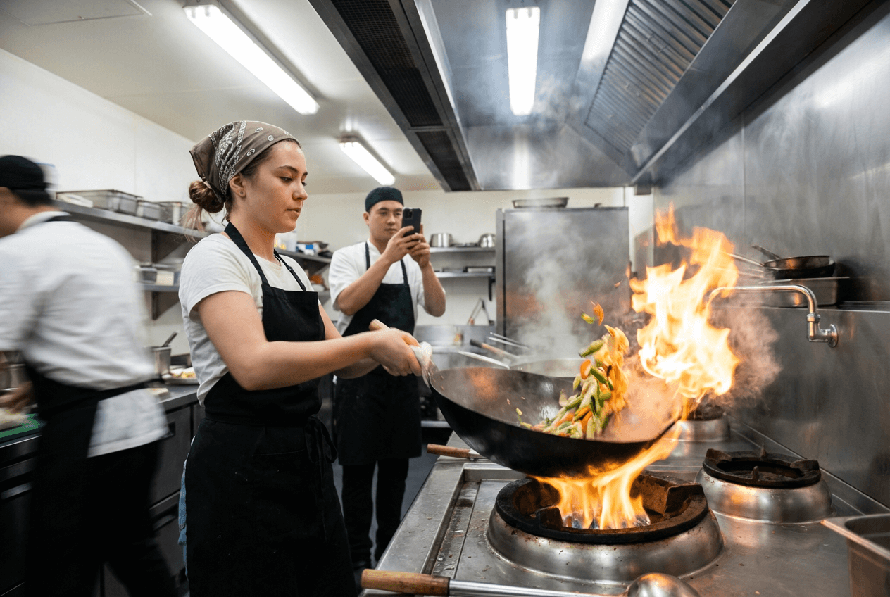 Pembuatan konten di balik layar dapur restoran dengan chef memasak di atas api sementara rekan kerja merekam dengan smartphone