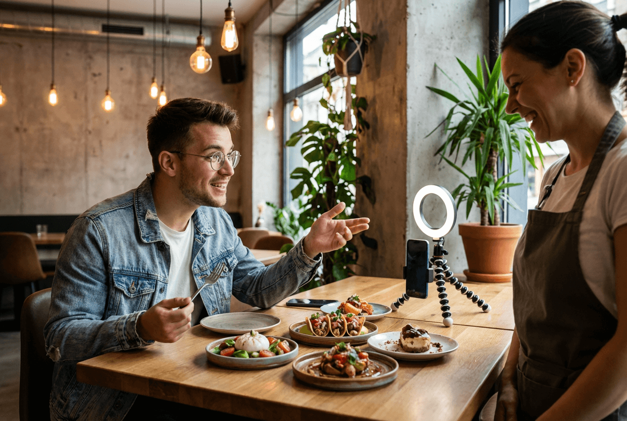 Influencer makanan bertemu pemilik restoran di atas hidangan yang ditata cantik untuk kolaborasi media sosial