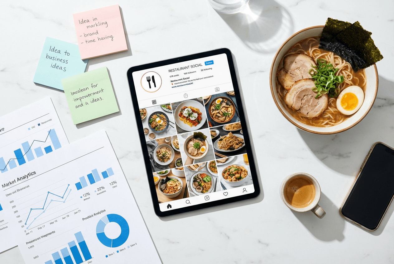 Tampilan atas ruang kerja perencanaan media sosial restoran dengan foto makanan, analitik, dan hidangan ramen segar