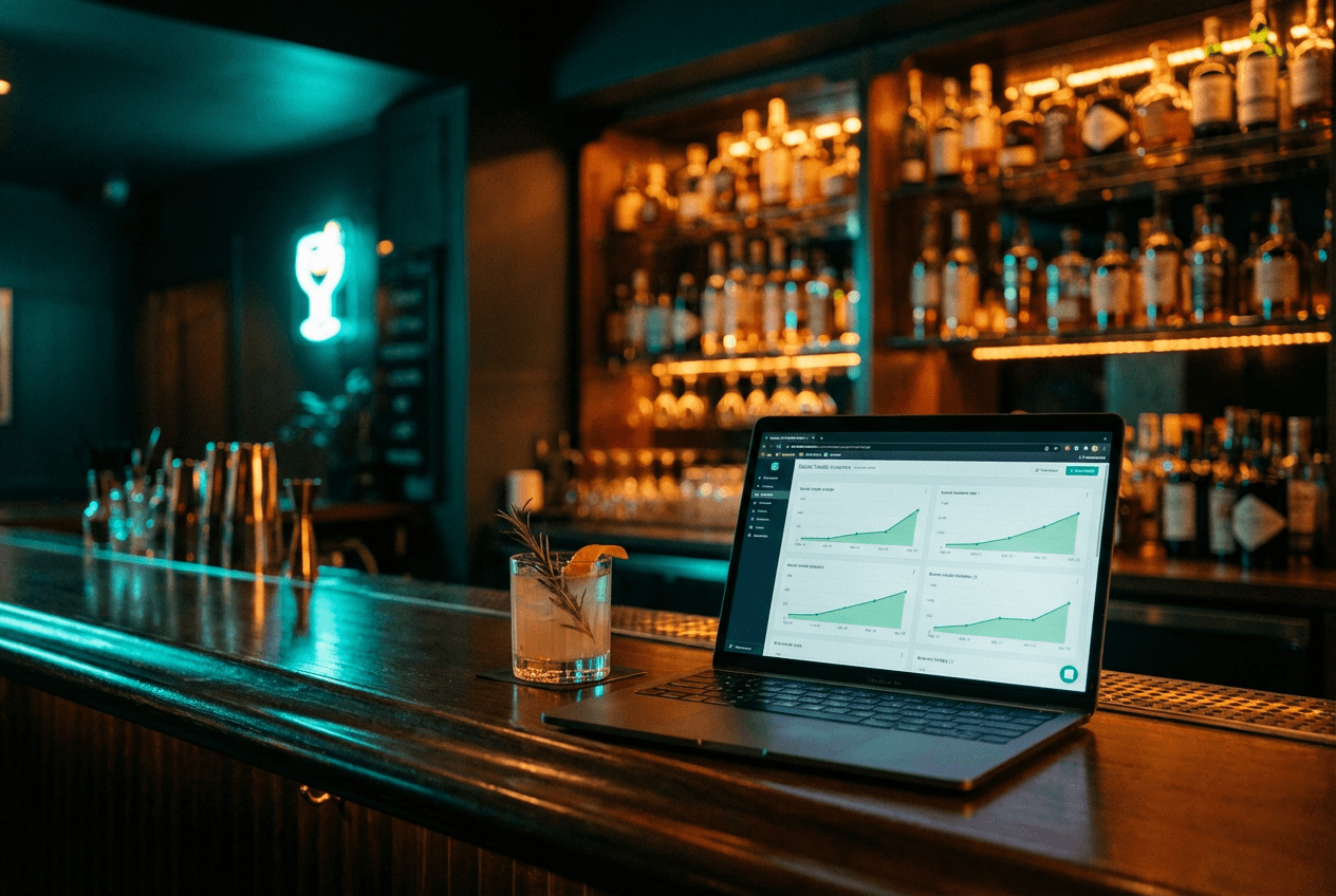 Bar restoran di malam hari dengan laptop menampilkan analitik media sosial dan metrik engagement di samping koktail craft