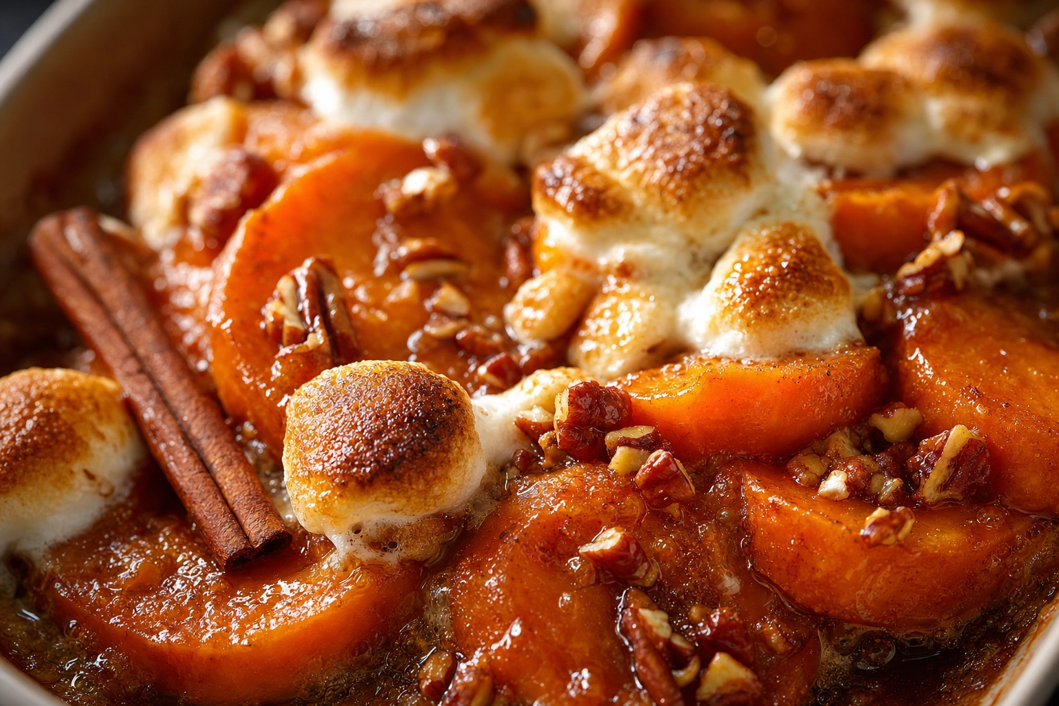 Macro of candied yams in brown-sugar syrup topped with caramelized golden marshmallows and chopped pecans