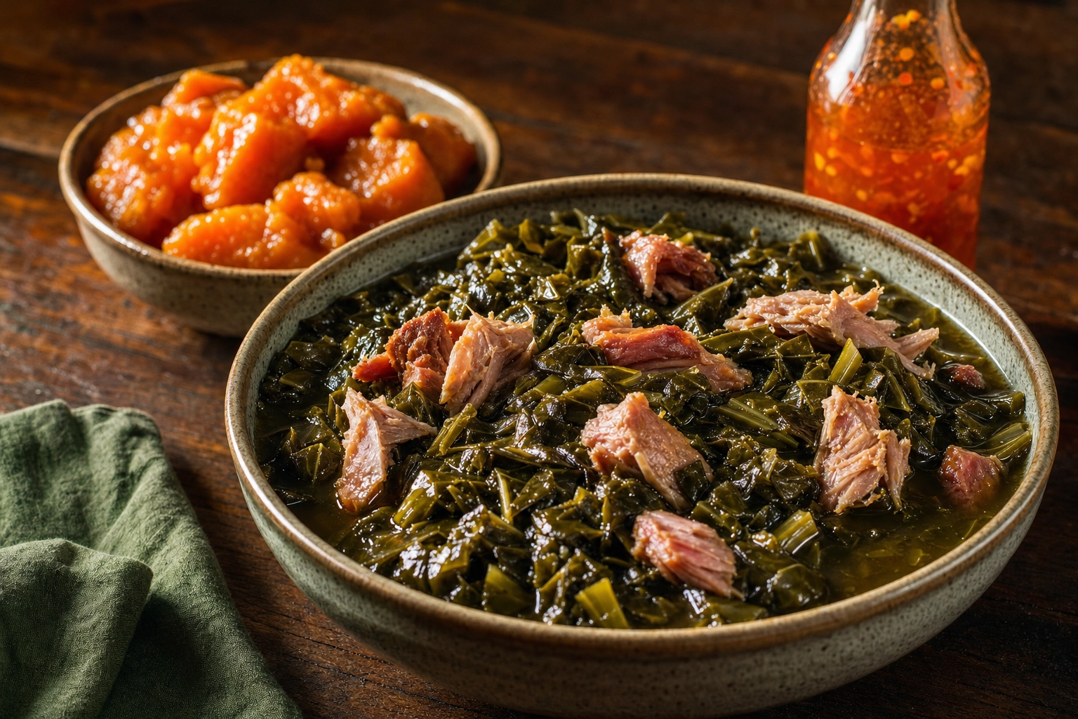 Bowl of glossy collard greens with pot likker and smoked turkey beside candied yams and hot-pepper vinegar