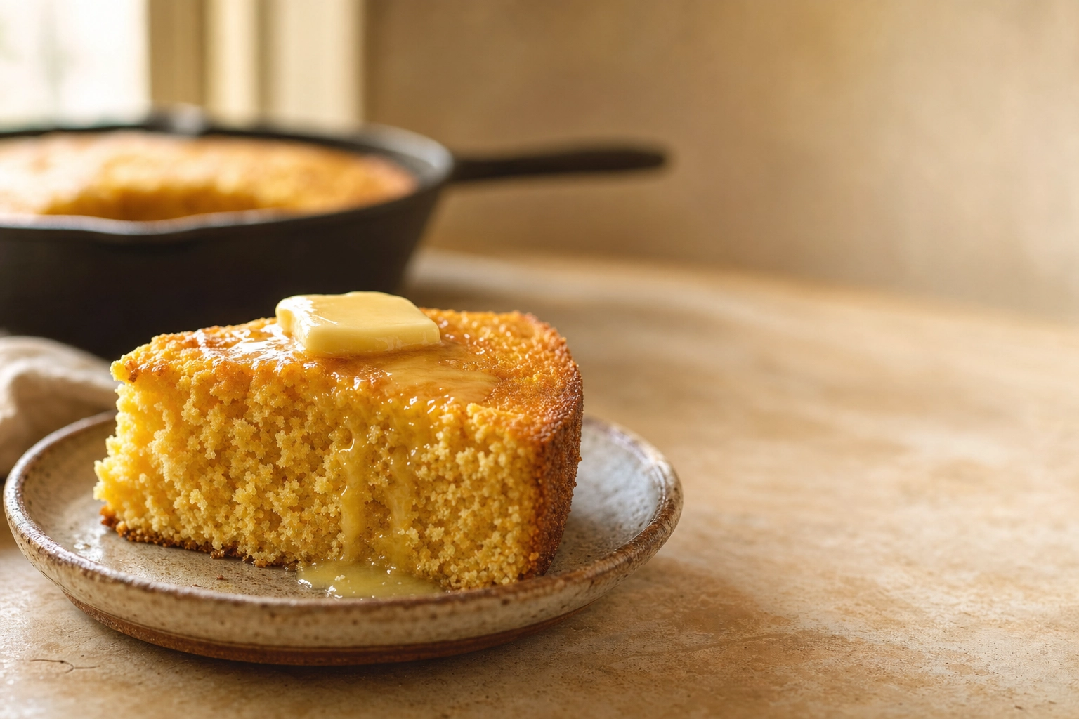 Eye-level close-up of a golden cornbread wedge with a pat of butter melting into the warm crumb in soft window light