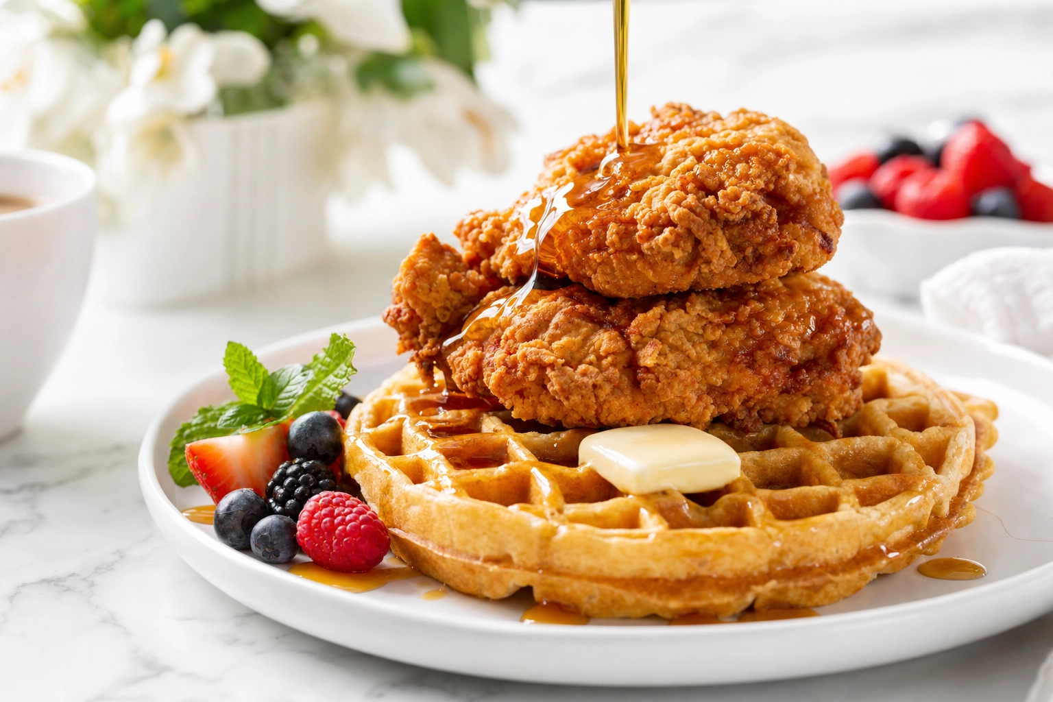 Southern fried chicken and waffles with maple syrup pouring over in bright morning light for a gospel brunch menu