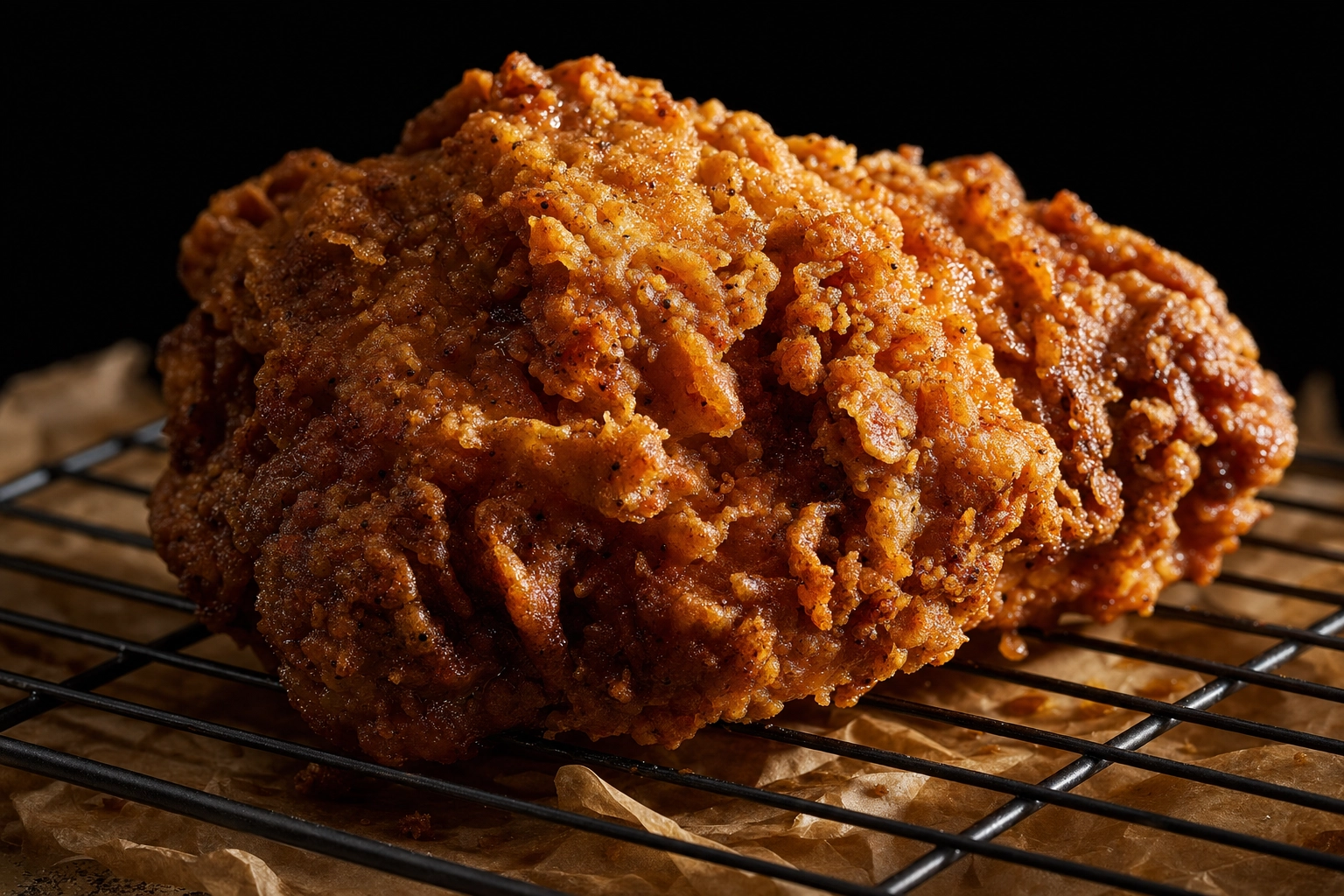 Macro close-up of craggy golden buttermilk fried chicken crust lit by raking side light revealing crispy texture