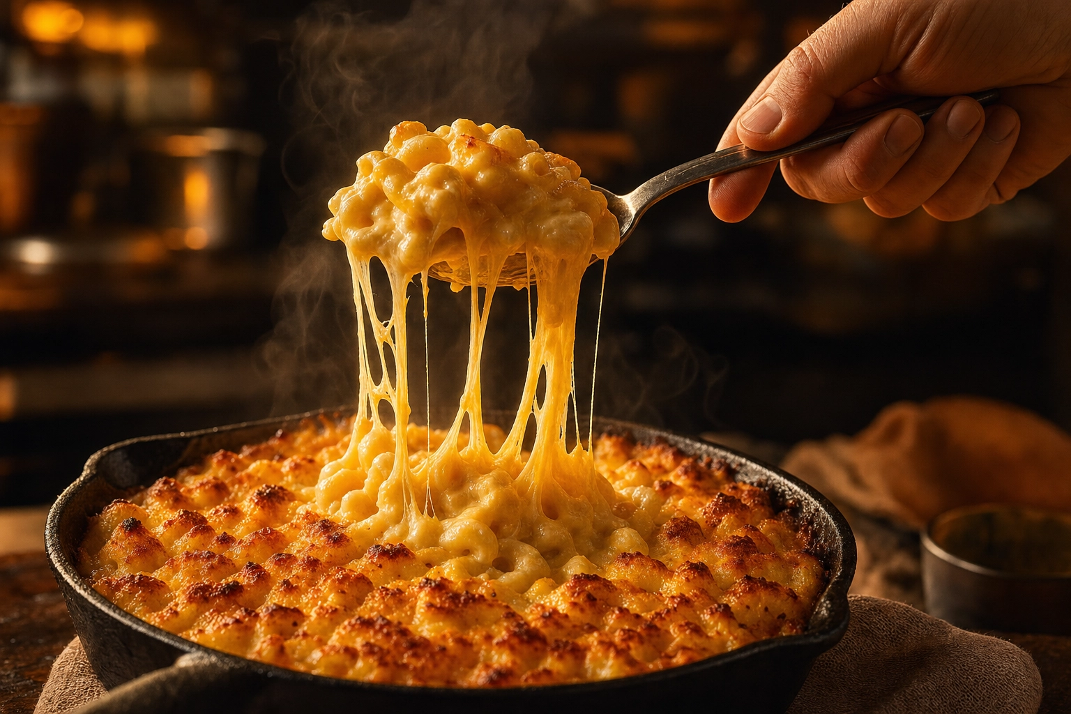 Hand lifting a spoon from baked mac and cheese in a cast-iron skillet creating a stretchy melted cheese pull