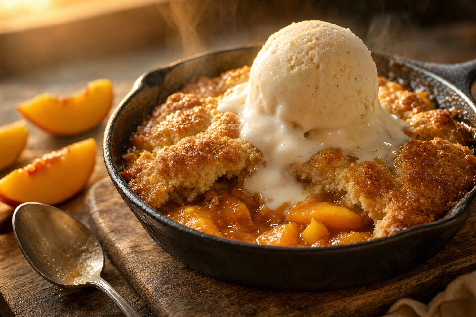 Bubbling peach cobbler in a cast-iron skillet topped with a scoop of vanilla ice cream just starting to melt