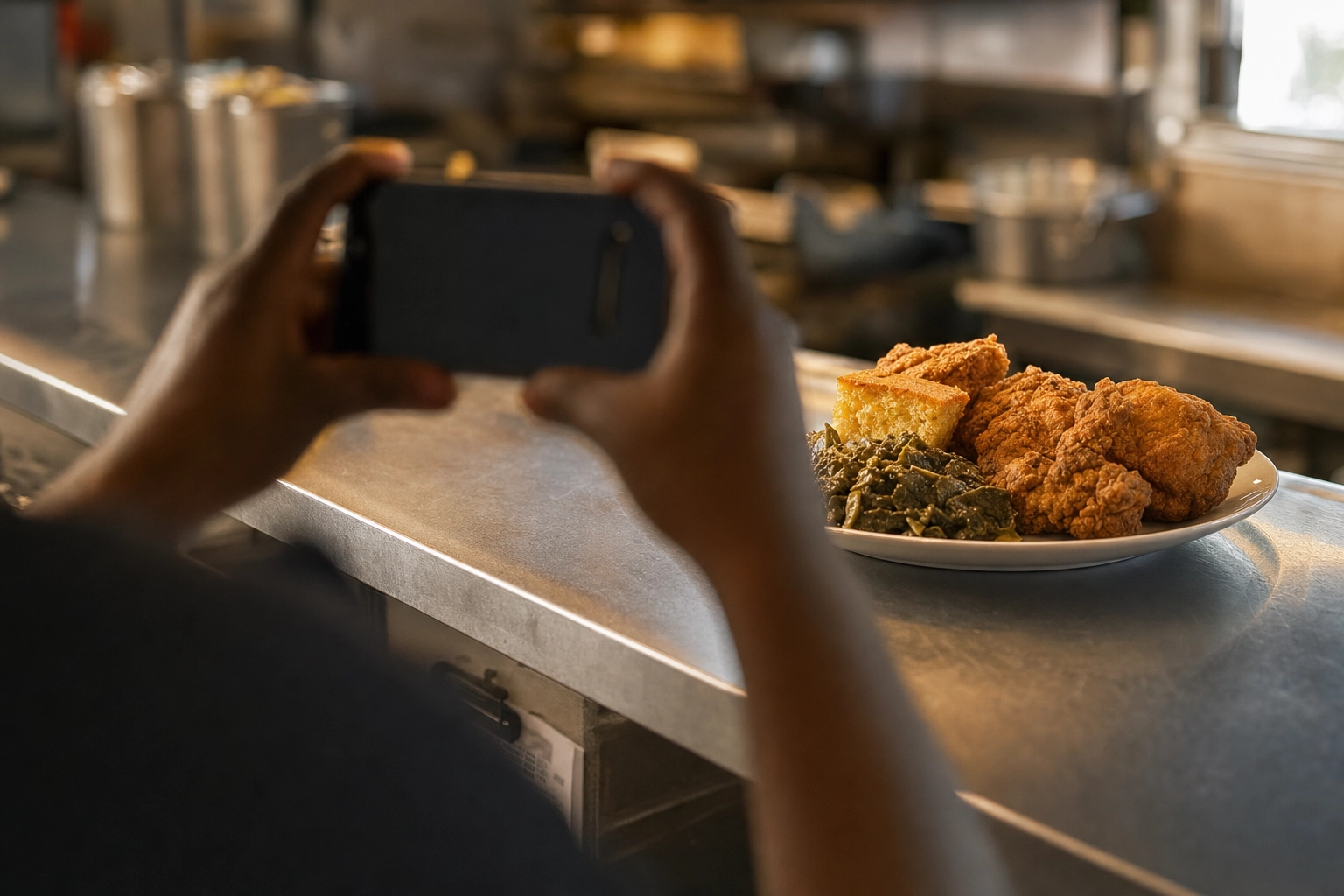 A cook's hands holding a phone photographing a fried chicken and cornbread plate on a restaurant kitchen pass