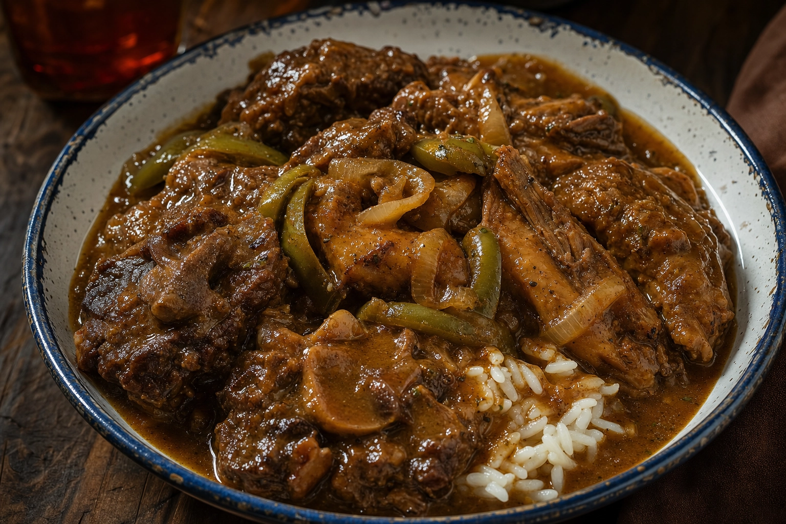 Smothered oxtails and turkey wings in glossy onion-pepper gravy over rice in a rustic bowl with side lighting