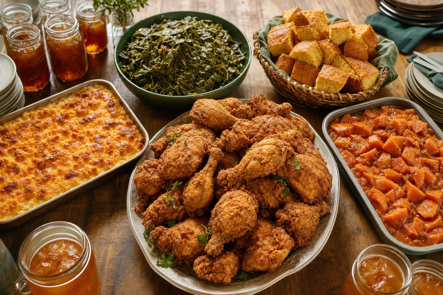 Family-style soul food catering platters of fried chicken, mac and cheese, greens and cornbread on a long table