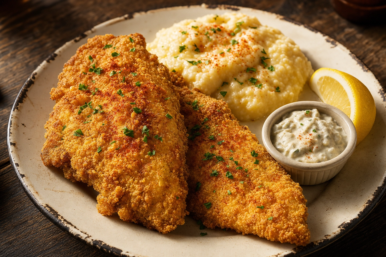 Golden cornmeal-crusted fried catfish with creamy grits, lemon and tartar sauce on a rustic plate in warm side light