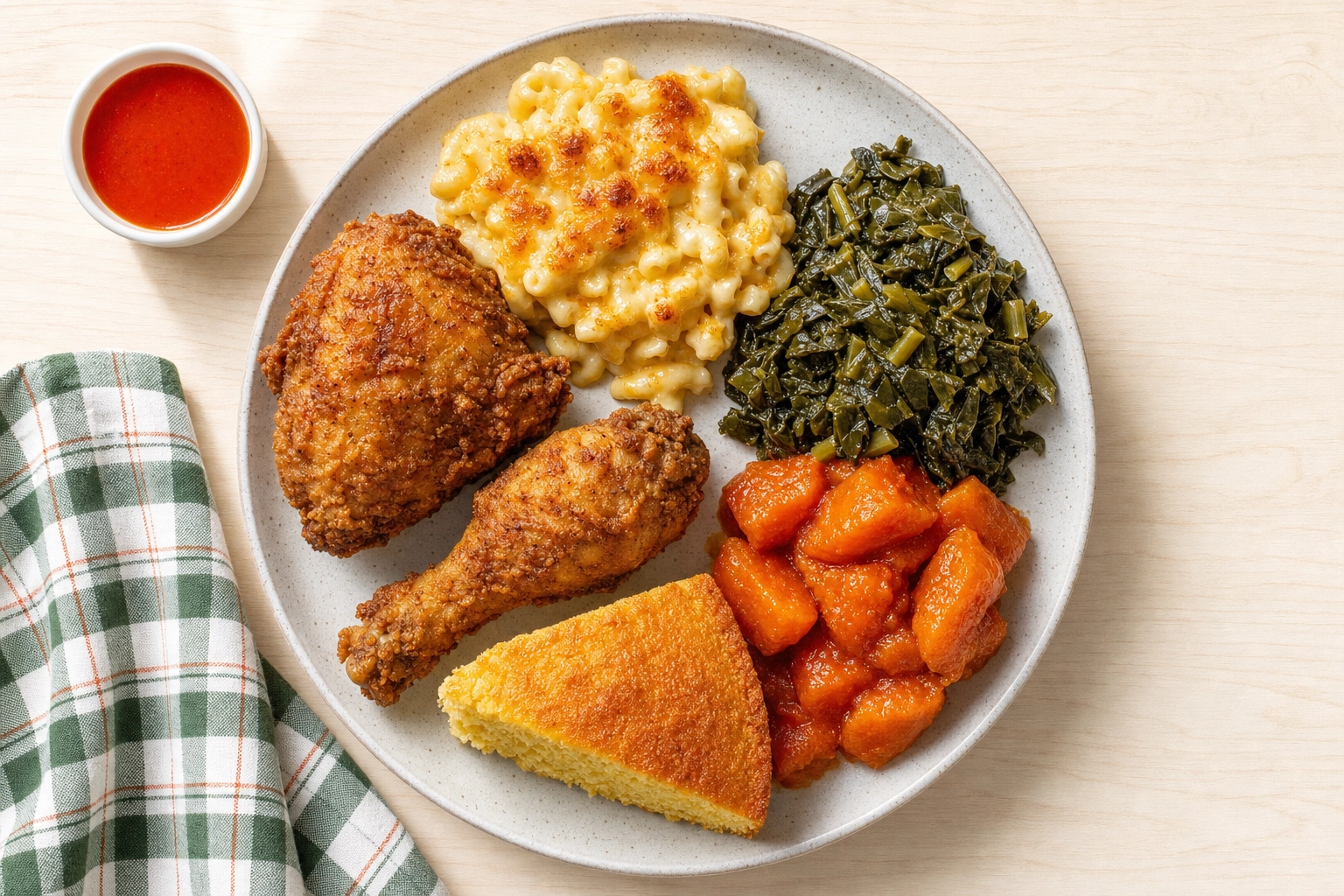 Overhead flat-lay of a soul food combo plate with fried chicken, mac and cheese, collard greens, yams and cornbread