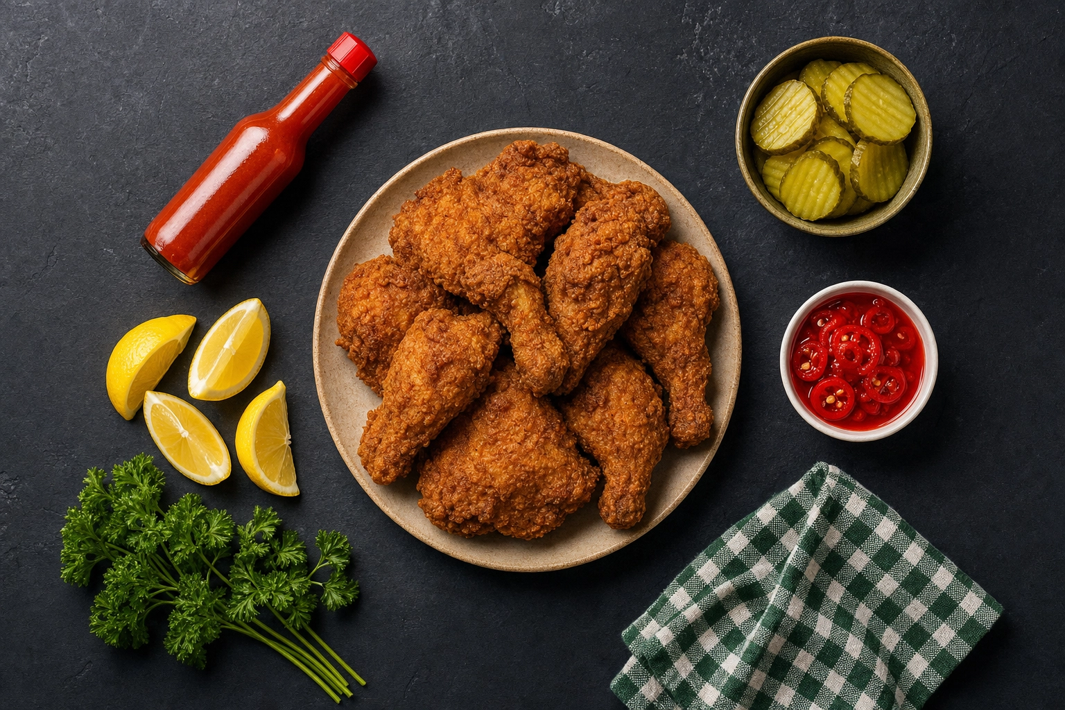 Overhead flat-lay of fried chicken surrounded by hot sauce, lemon, parsley and pickles to add color contrast